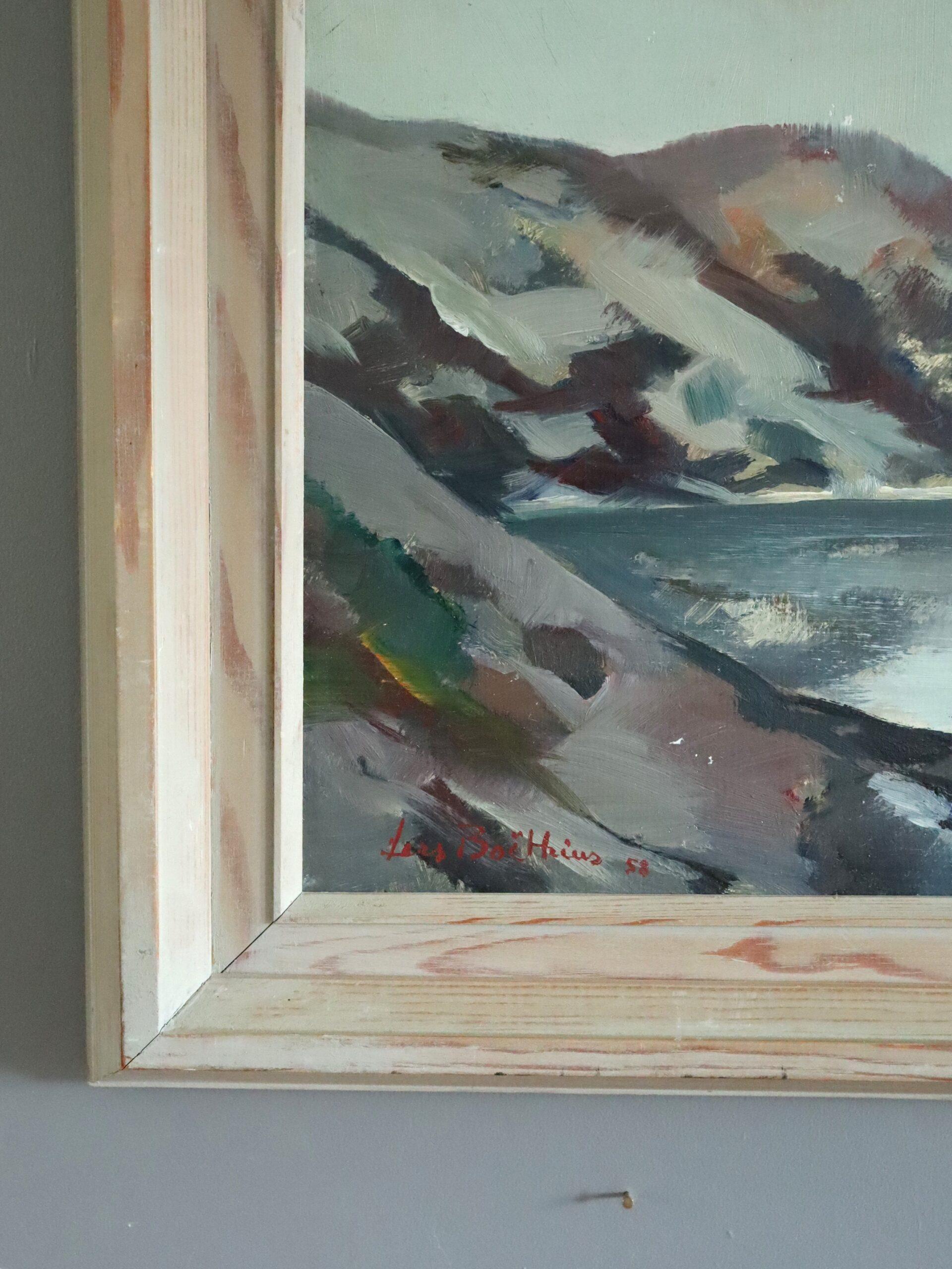 1958 Mid Century Modern Coastal Landscape Oil Painting -Twilight Over Bay For Sale 2