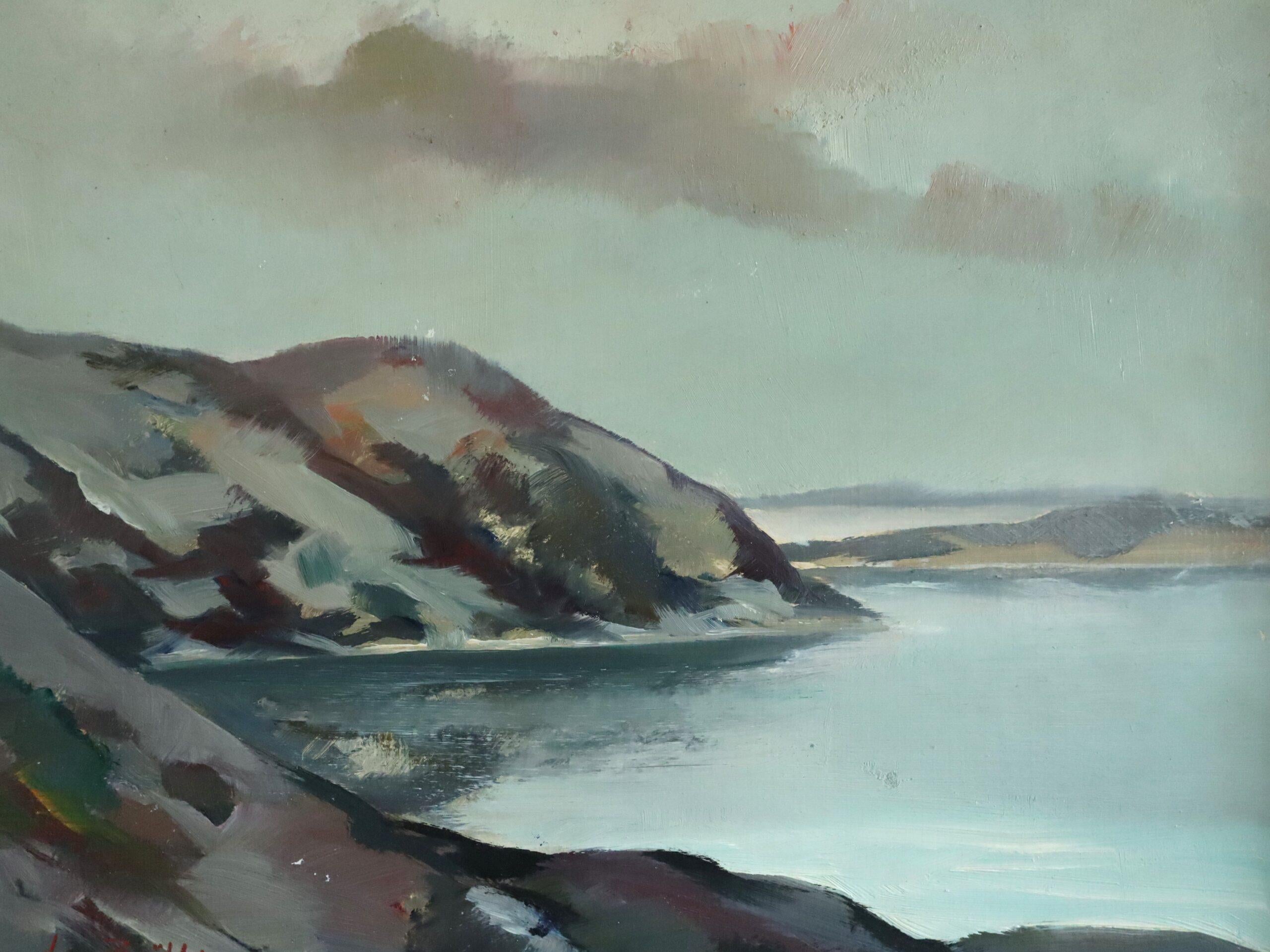 1958 Mid Century Modern Coastal Landscape Oil Painting -Twilight Over Bay For Sale 5