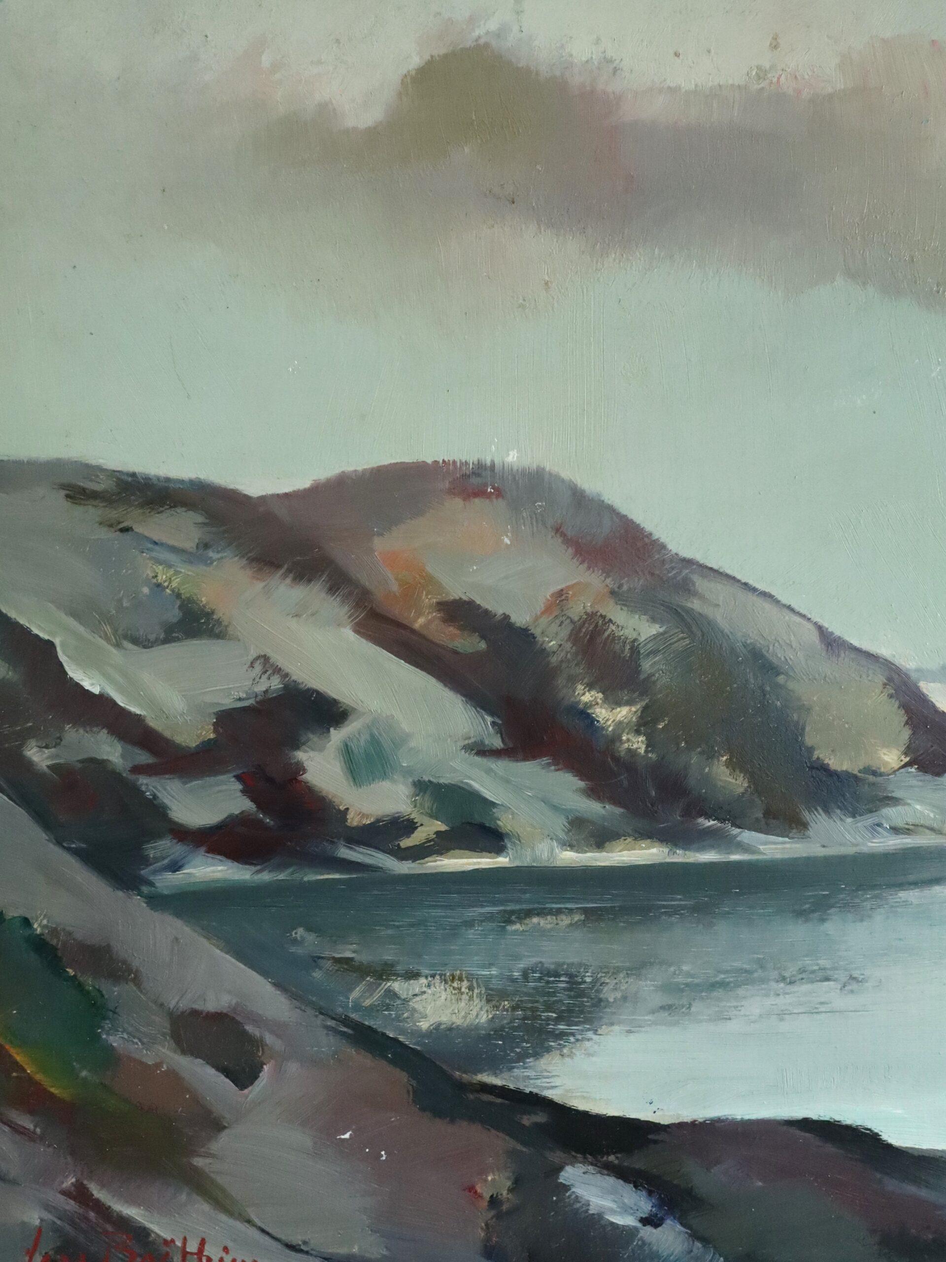 1958 Mid Century Modern Coastal Landscape Oil Painting -Twilight Over Bay For Sale 6