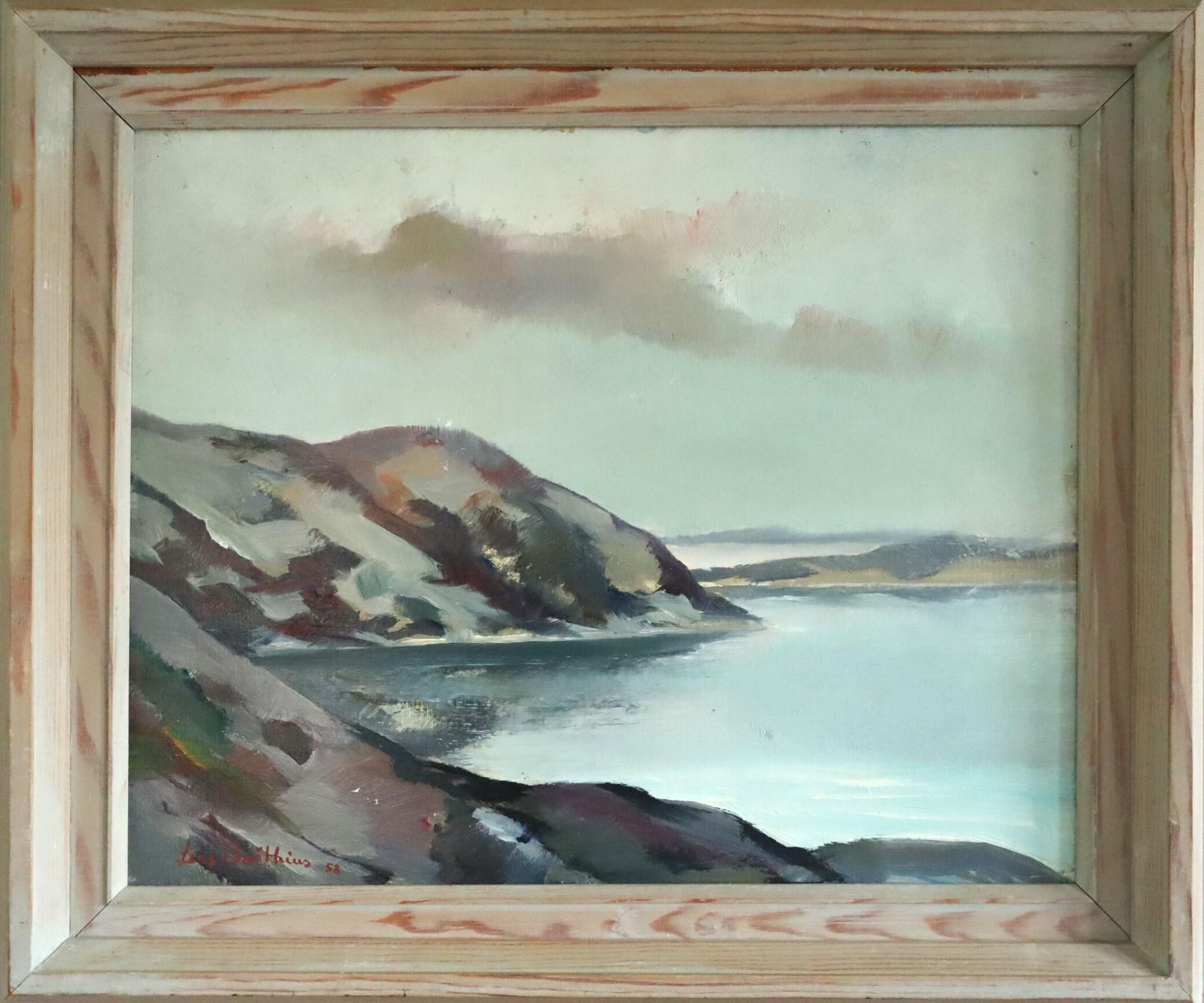 Unknown Landscape Painting - 1958 Mid Century Modern Coastal Landscape Oil Painting -Twilight Over Bay