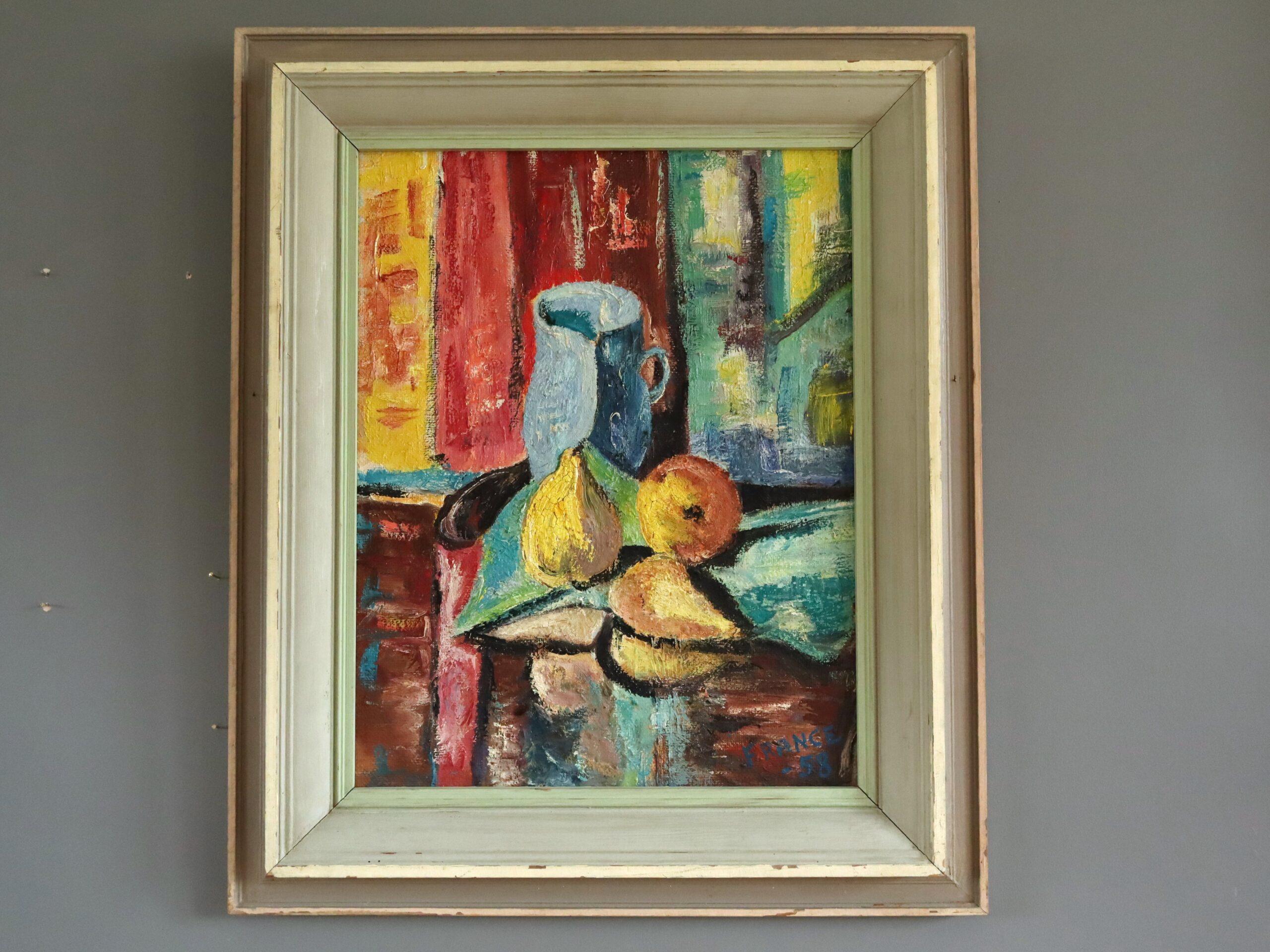1958 Mid Century Modern Expressive Still Life Oil Painting - Pitcher & Pears - Marron Still-Life Painting par Unknown