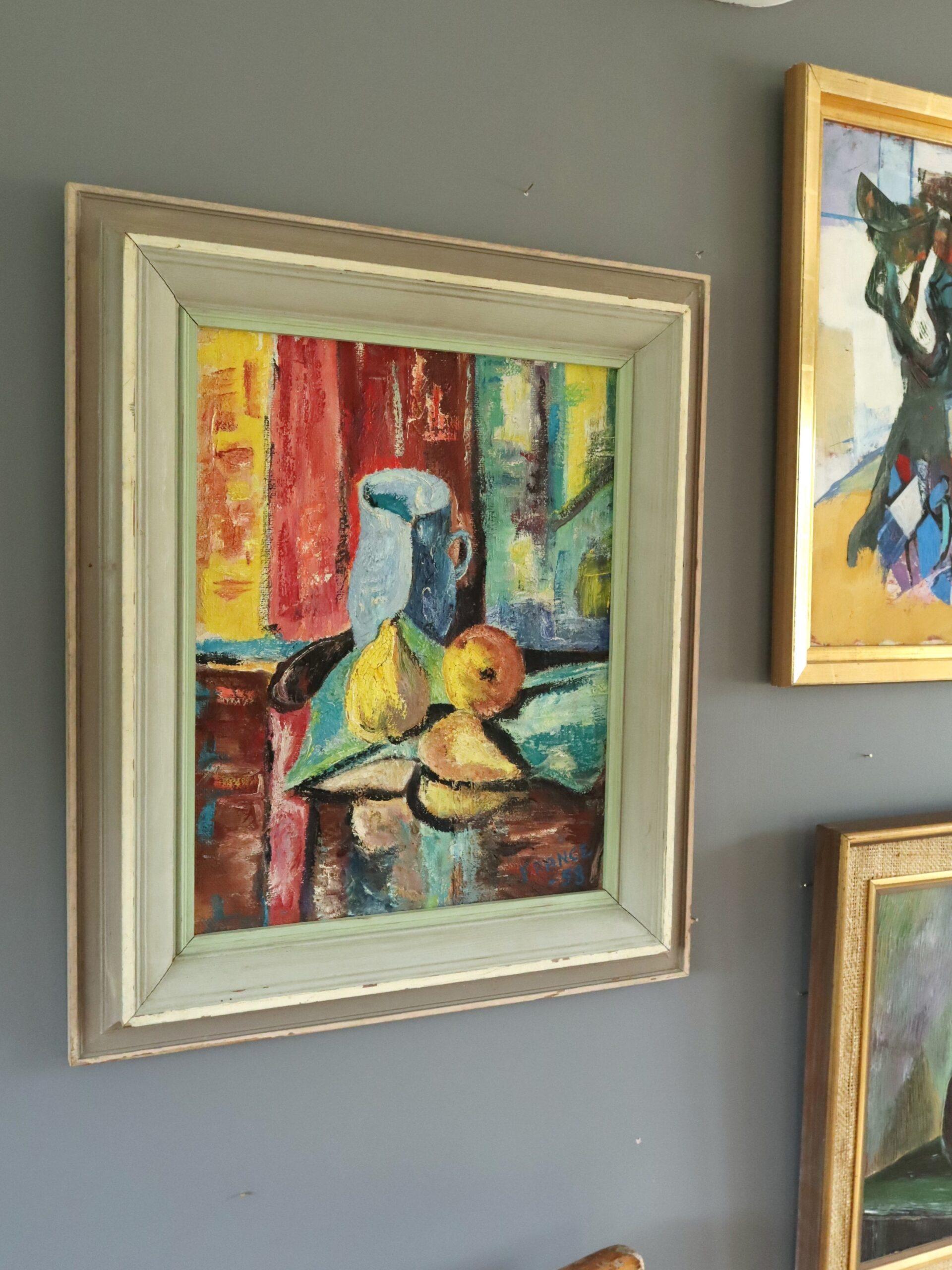 1958 Mid Century Modern Expressive Still Life Oil Painting - Pitcher & Pears en vente 1