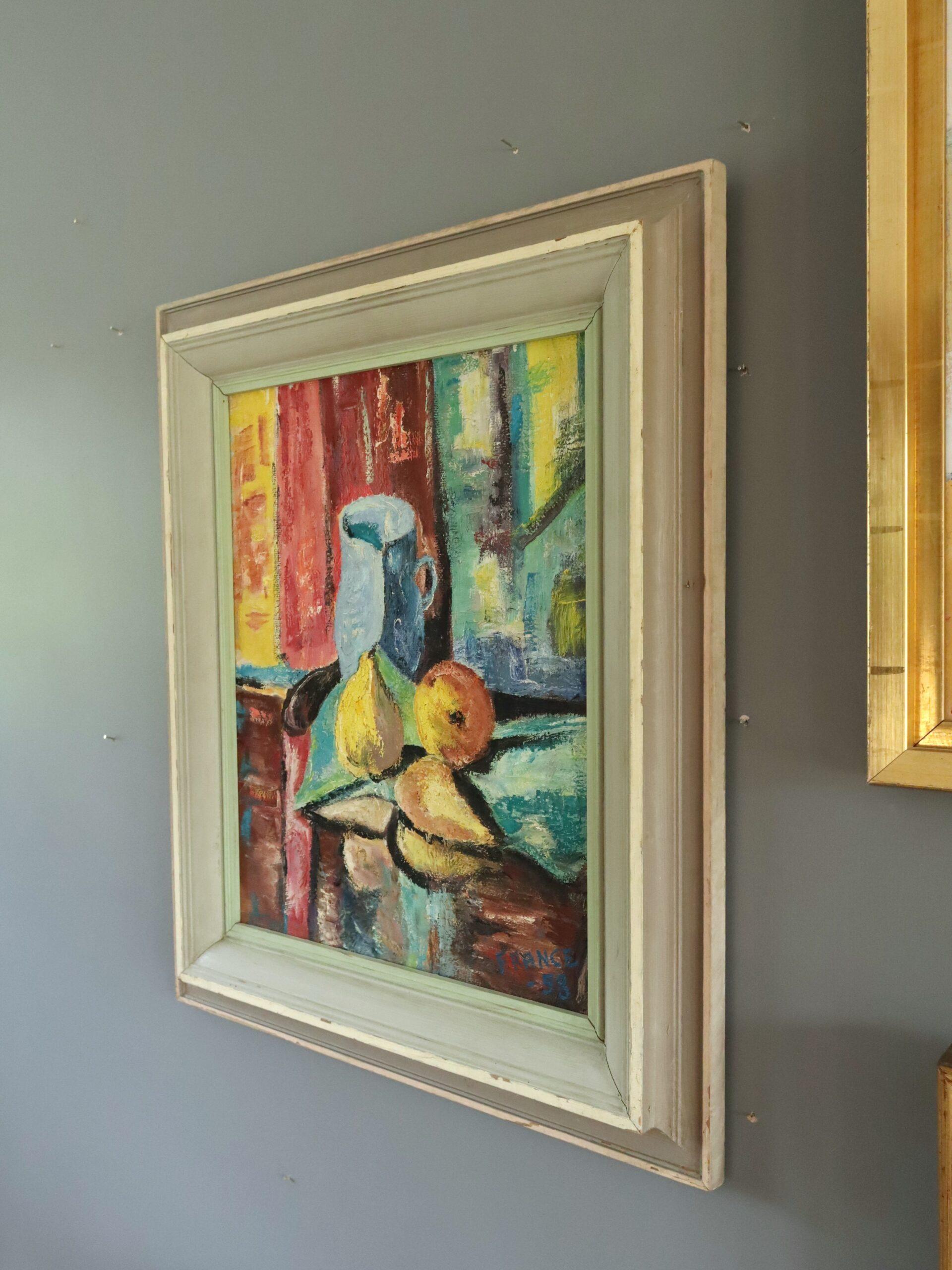 1958 Mid Century Modern Expressive Still Life Oil Painting - Pitcher & Pears en vente 2