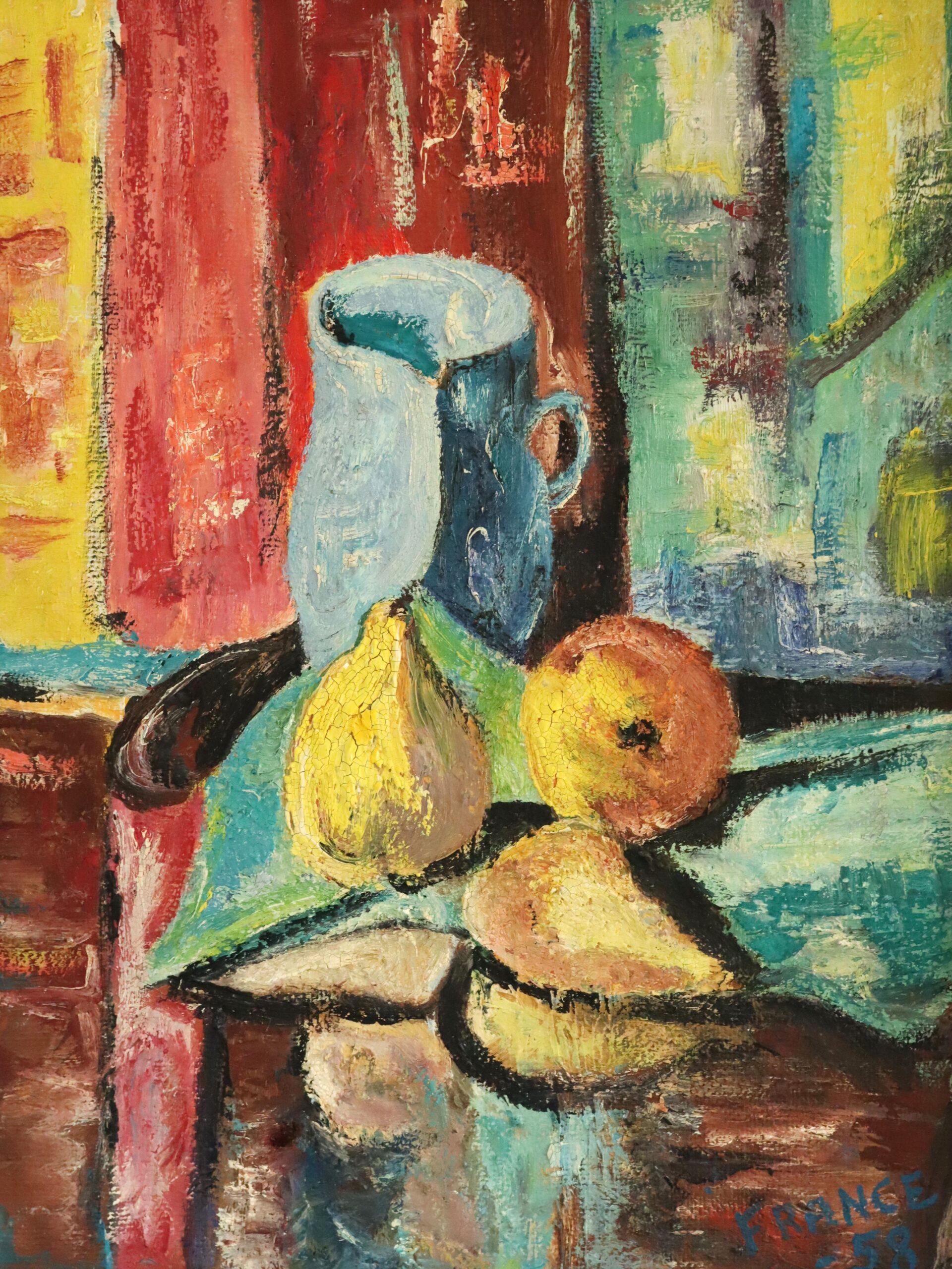 1958 Mid Century Modern Expressive Still Life Oil Painting - Pitcher & Pears en vente 5