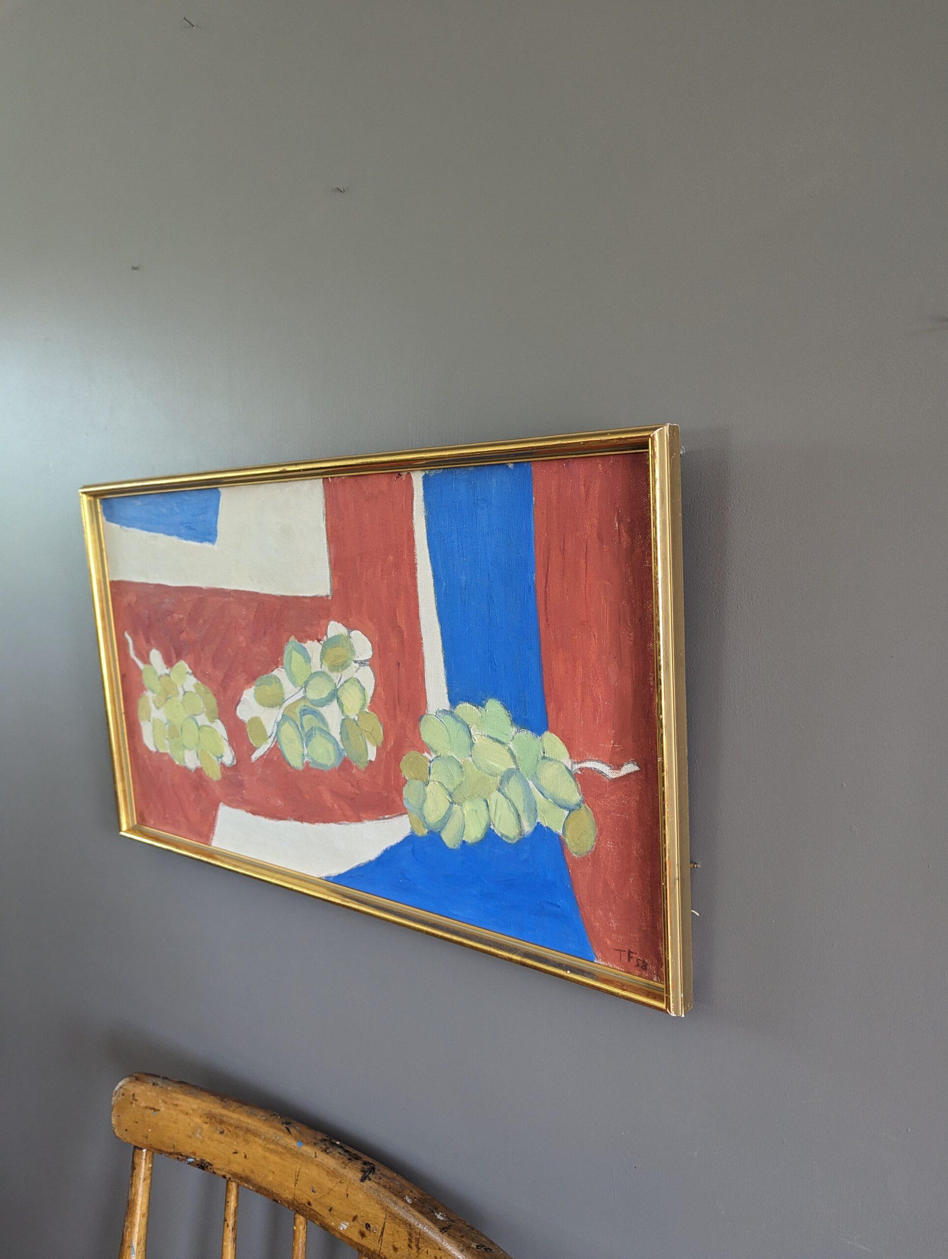 1958 Mid-Century Modern Still Life Oil Painting by Ture Fabiansson -Green Grapes For Sale 6