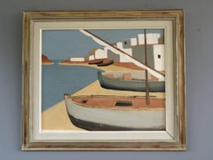 1958 Mid Century Modern Swedish Coastal Landscape Oil Painting - Quiet Mooring