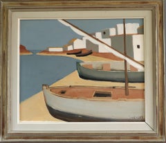 1958 Mid Century Modern Swedish Coastal Landscape Oil Painting - Quiet Mooring