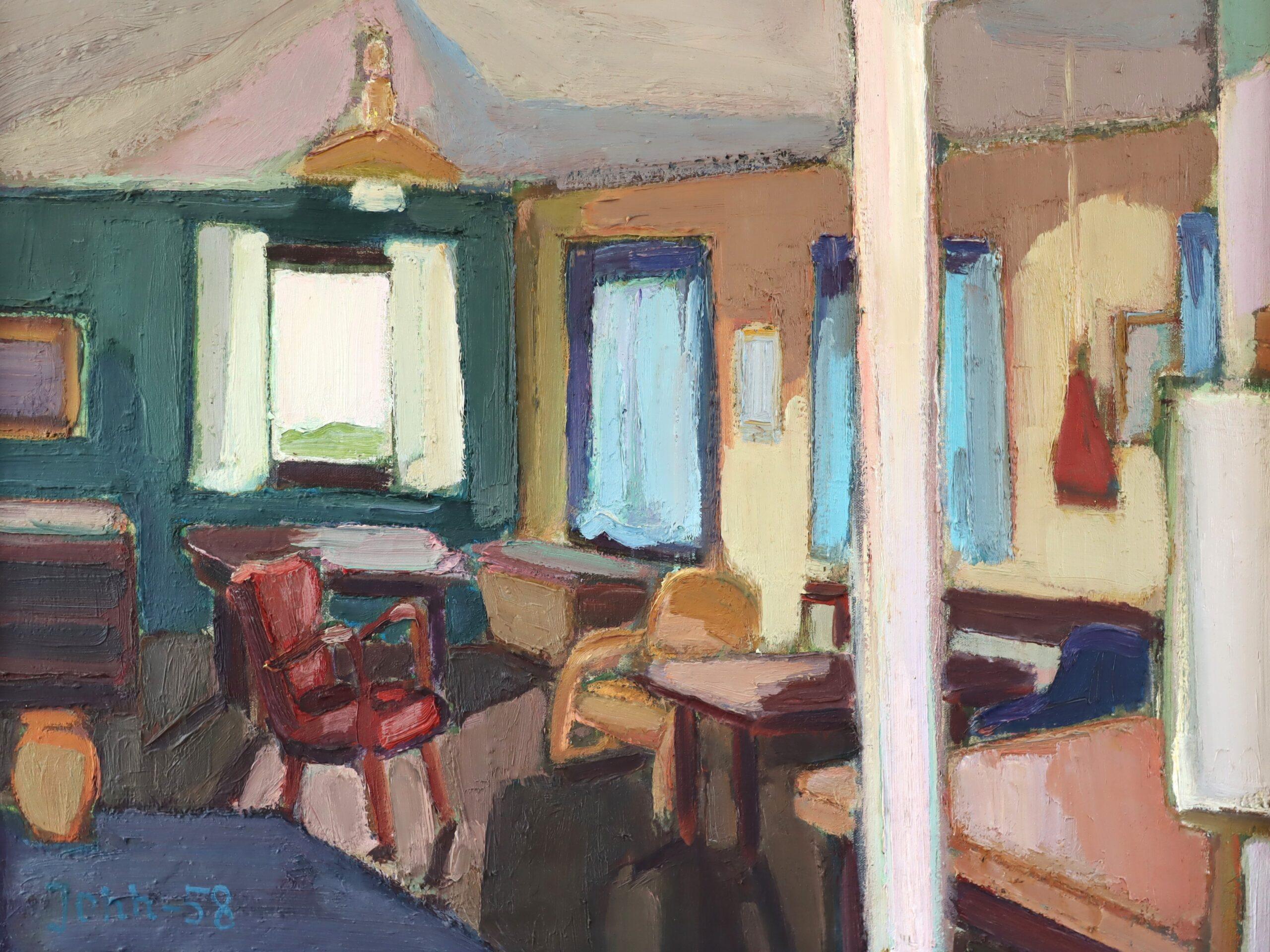 1958 Mid Century Modern Swedish Interior Scene Ölgemälde - Afternoon Light im Angebot 5