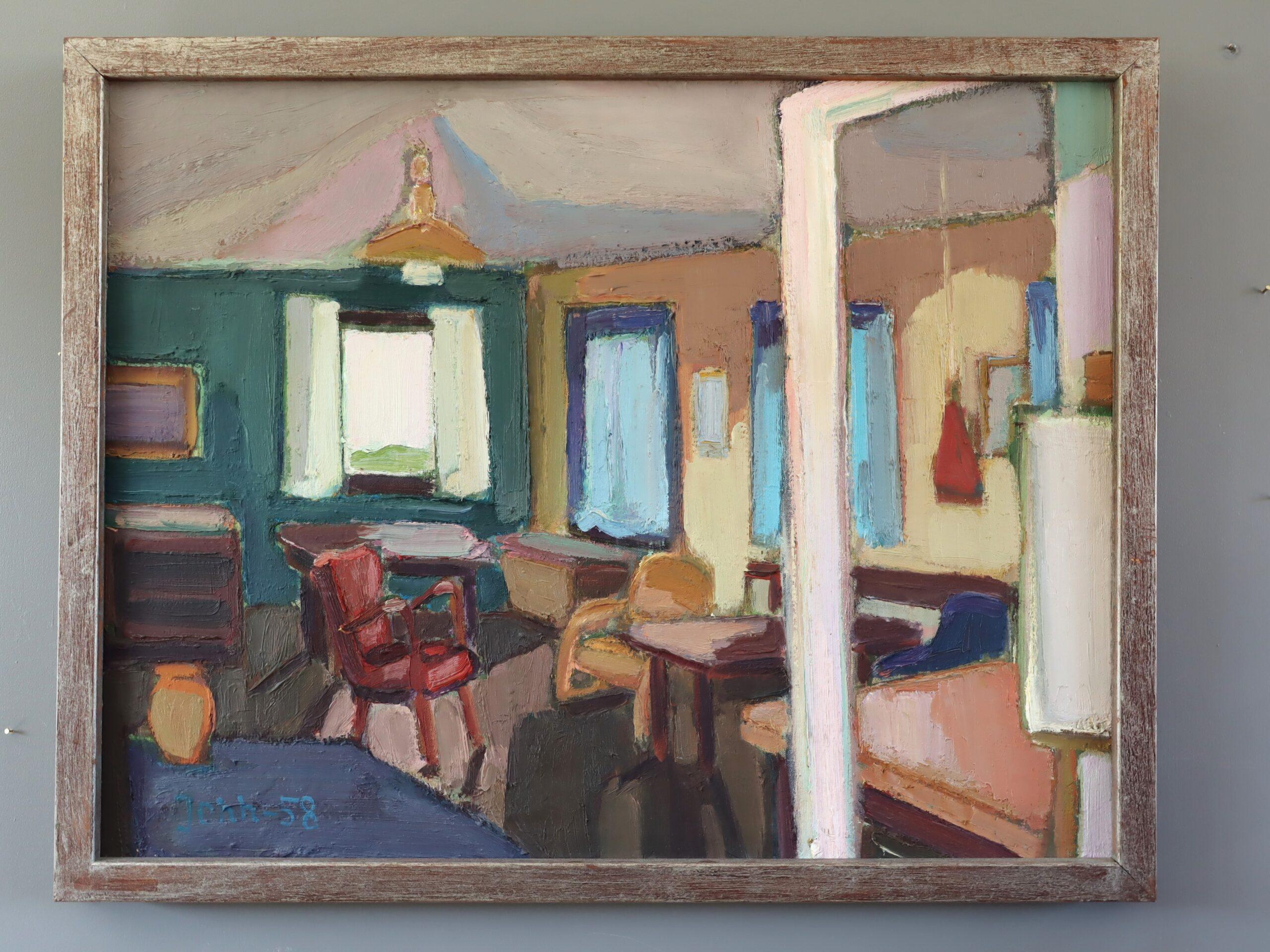 1958 Mid Century Modern Swedish Interior Scene Ölgemälde - Afternoon Light – Painting von Unknown