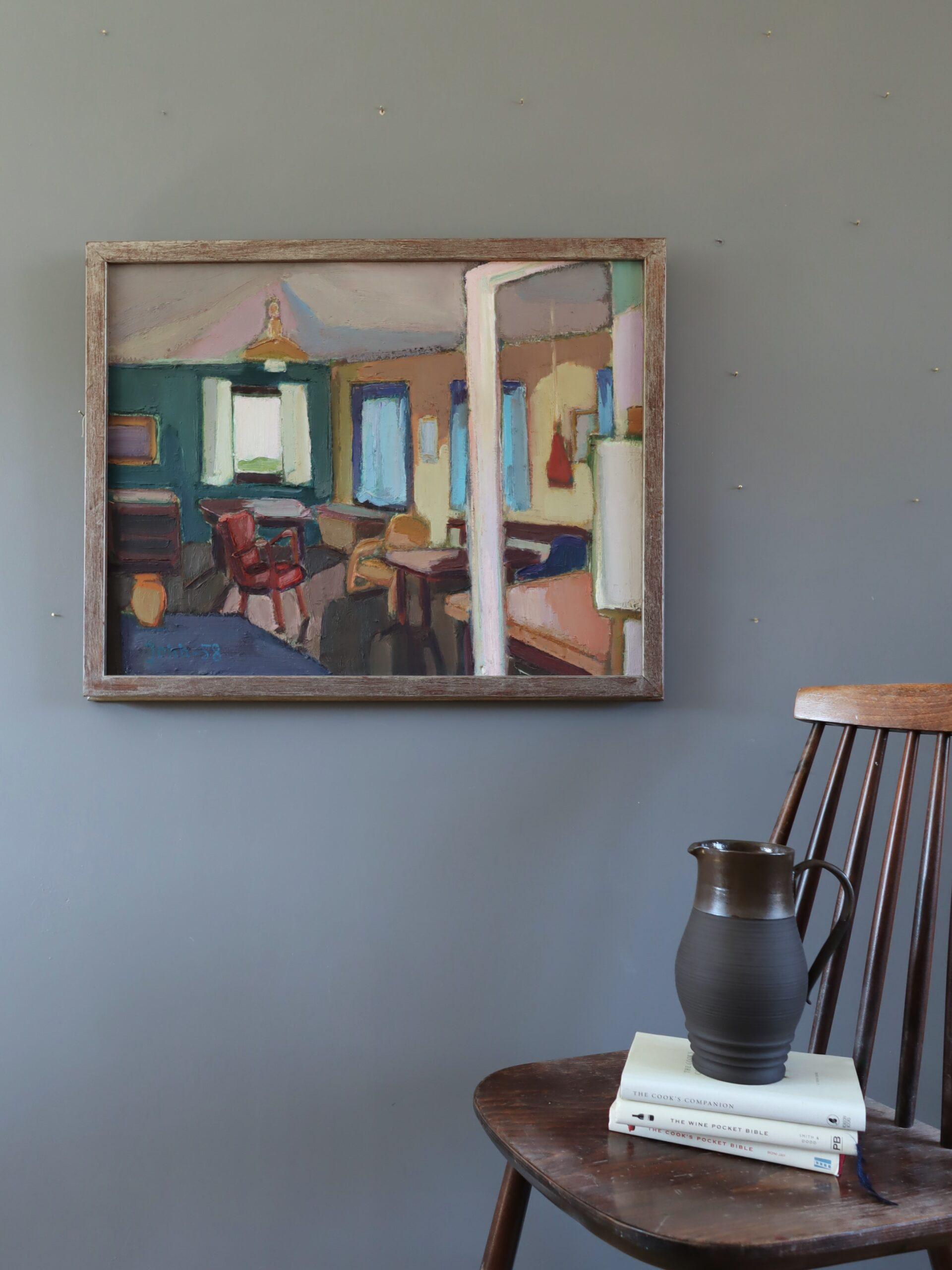 1958 Mid Century Modern Swedish Interior Scene Ölgemälde - Afternoon Light (Moderne), Painting, von Unknown