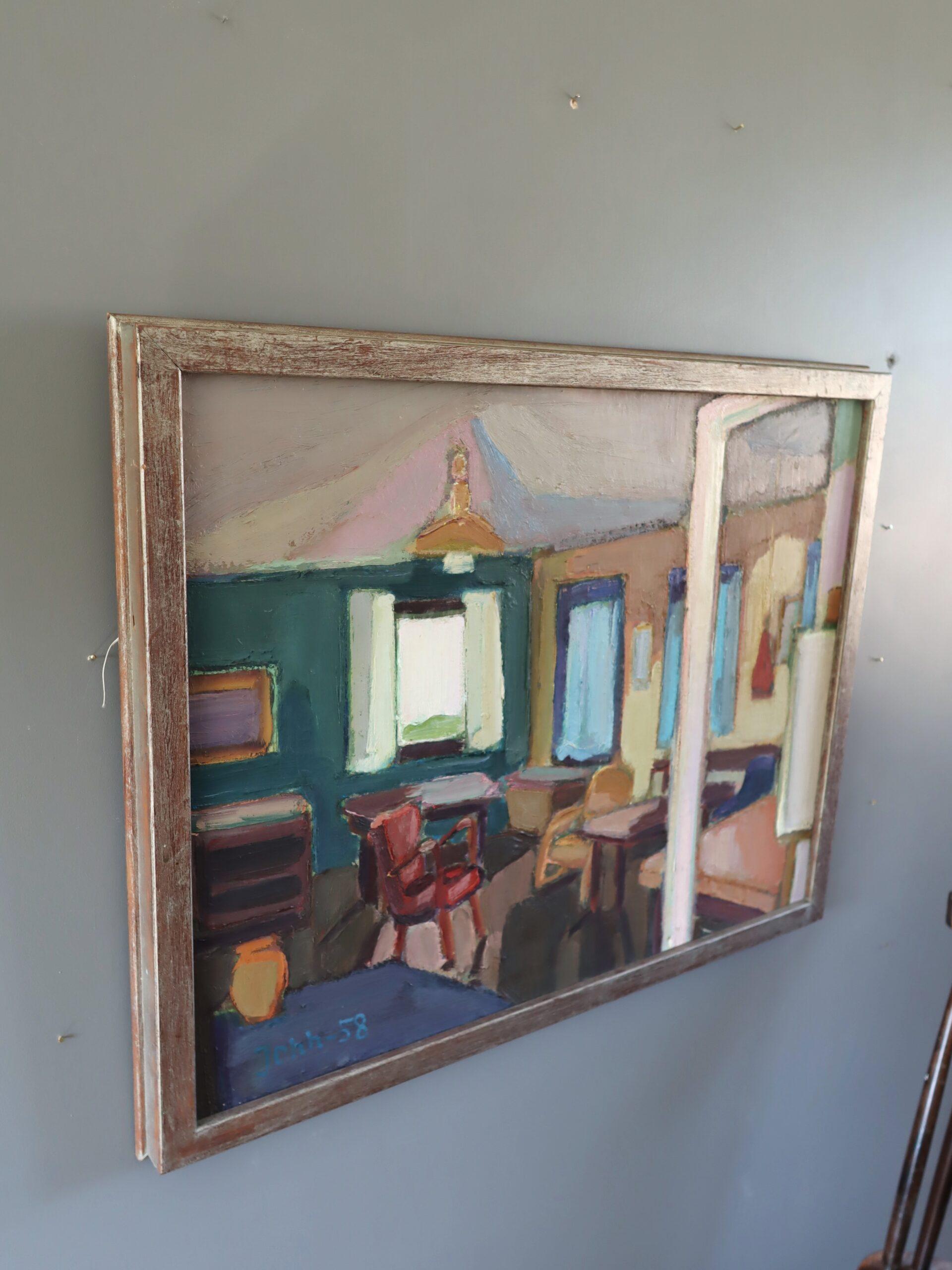 1958 Mid Century Modern Swedish Interior Scene Ölgemälde - Afternoon Light (Braun), Interior Painting, von Unknown