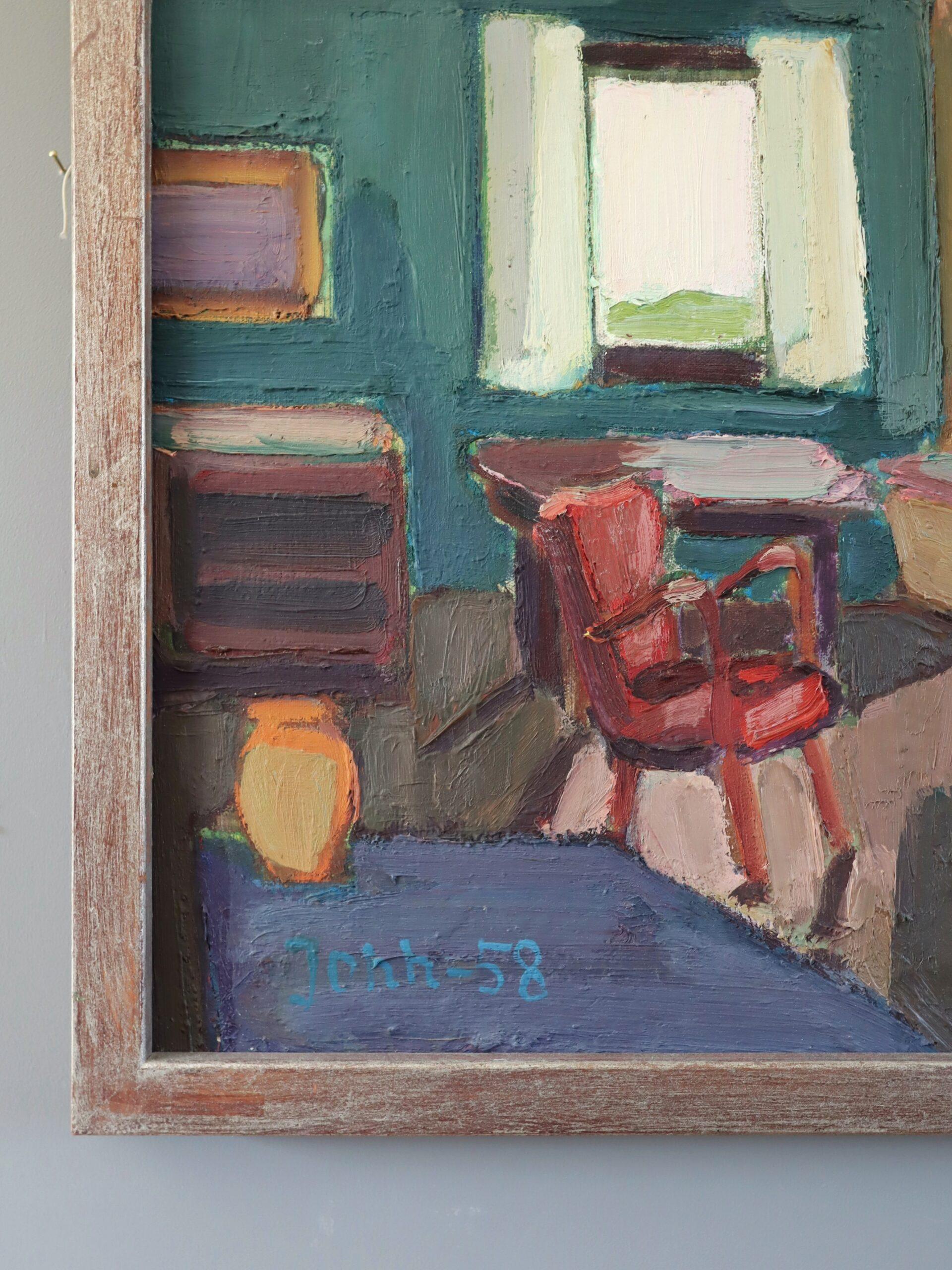 1958 Mid Century Modern Swedish Interior Scene Ölgemälde - Afternoon Light im Angebot 3