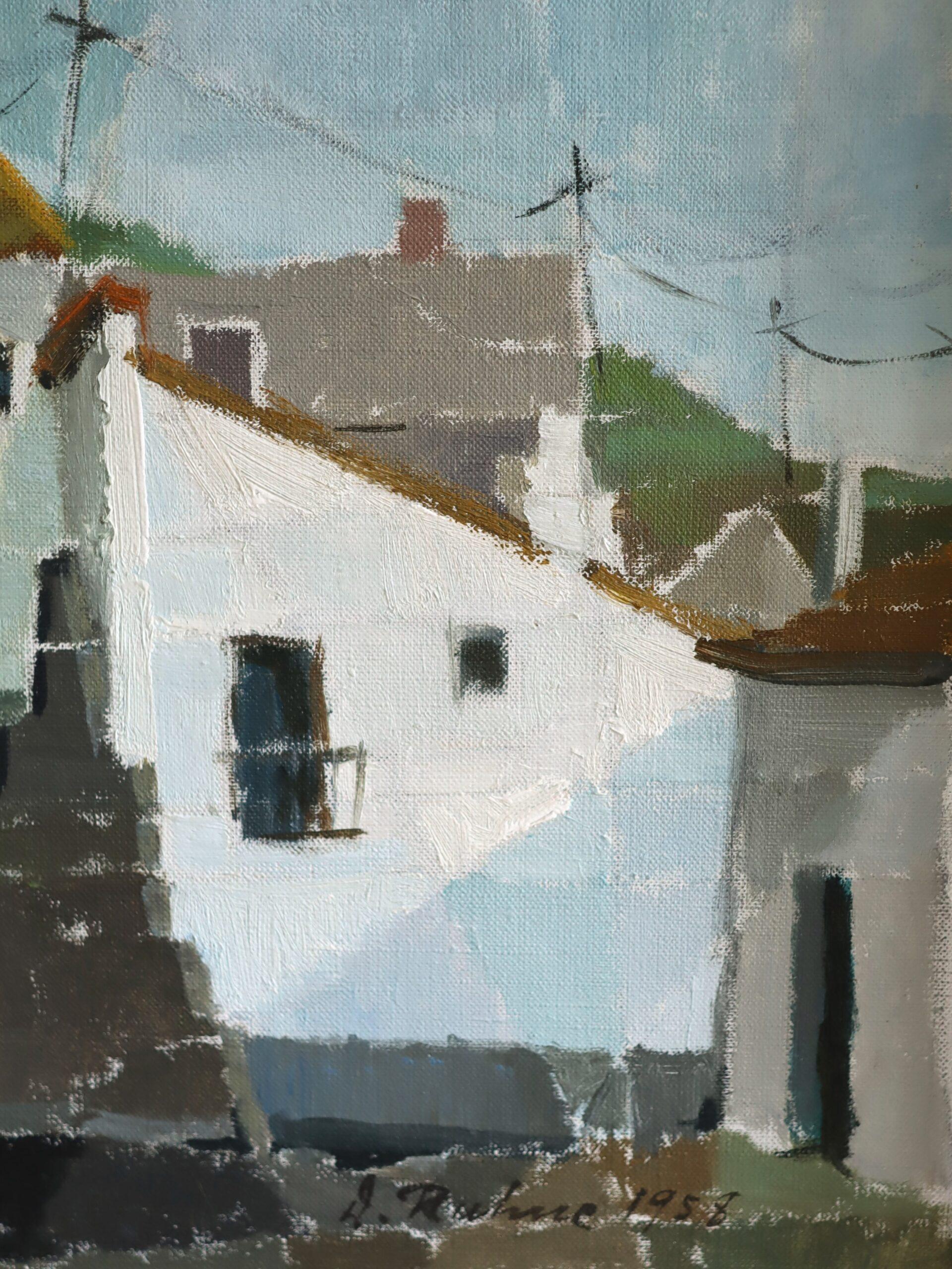 1958 Pittura ad olio di una scena stradale d'epoca del Mid Century Modern - Facciate illuminate dal sole in vendita 5