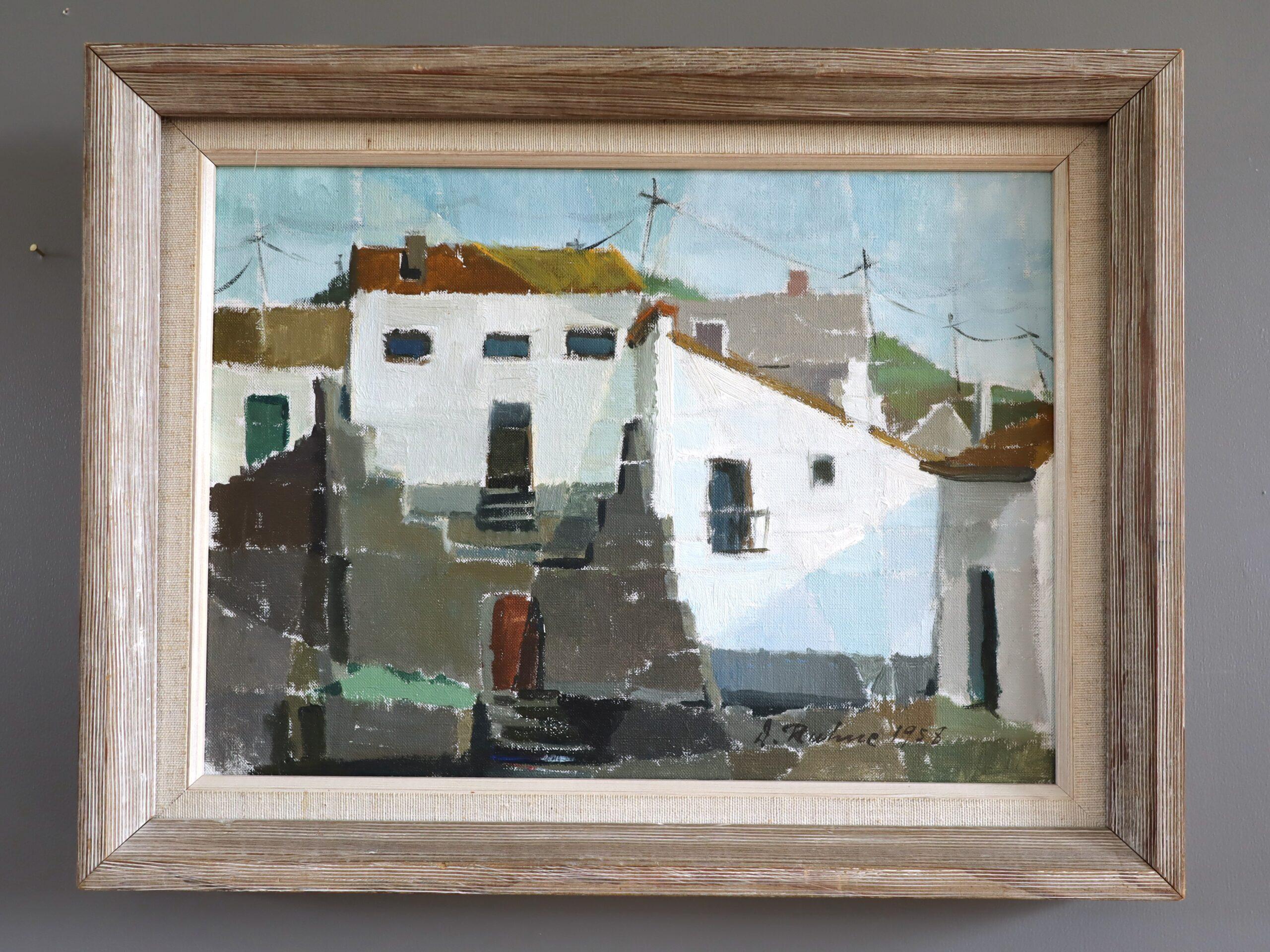 1958 Pittura ad olio di una scena stradale d'epoca del Mid Century Modern - Facciate illuminate dal sole - Painting di Unknown