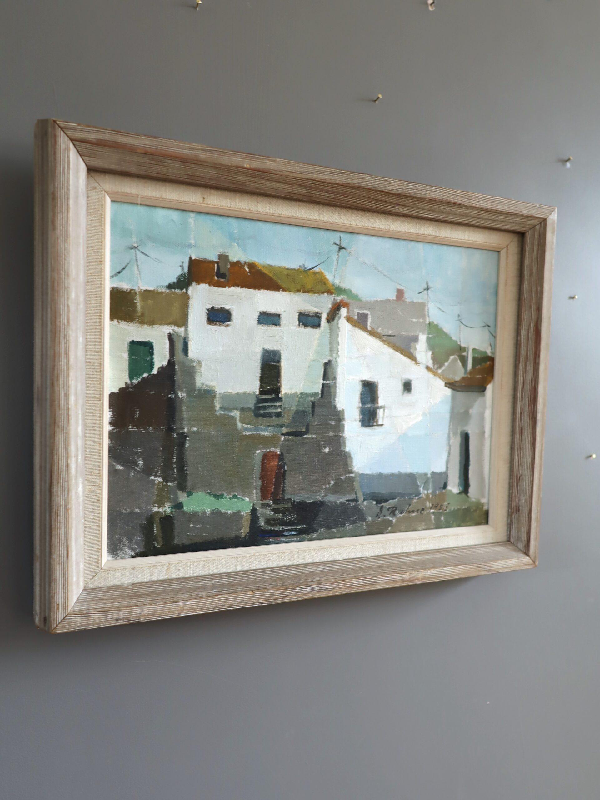 1958 Pittura ad olio di una scena stradale d'epoca del Mid Century Modern - Facciate illuminate dal sole - Landscape Painting Grigio di Unknown