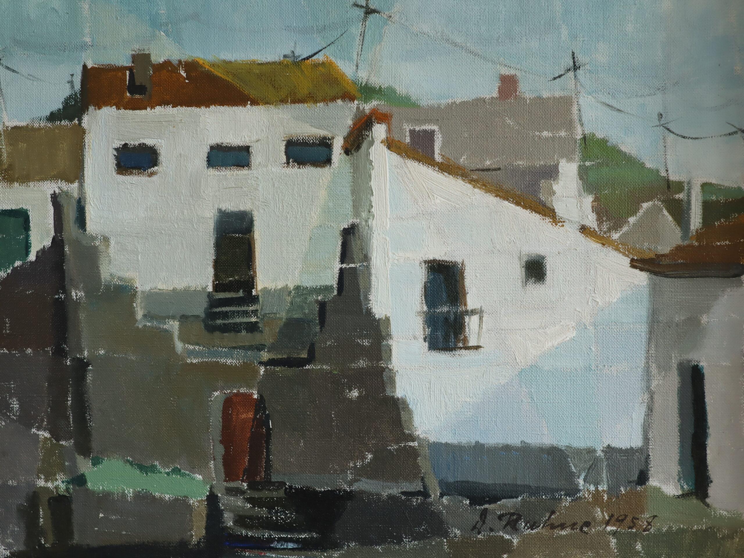 1958 Pittura ad olio di una scena stradale d'epoca del Mid Century Modern - Facciate illuminate dal sole in vendita 3