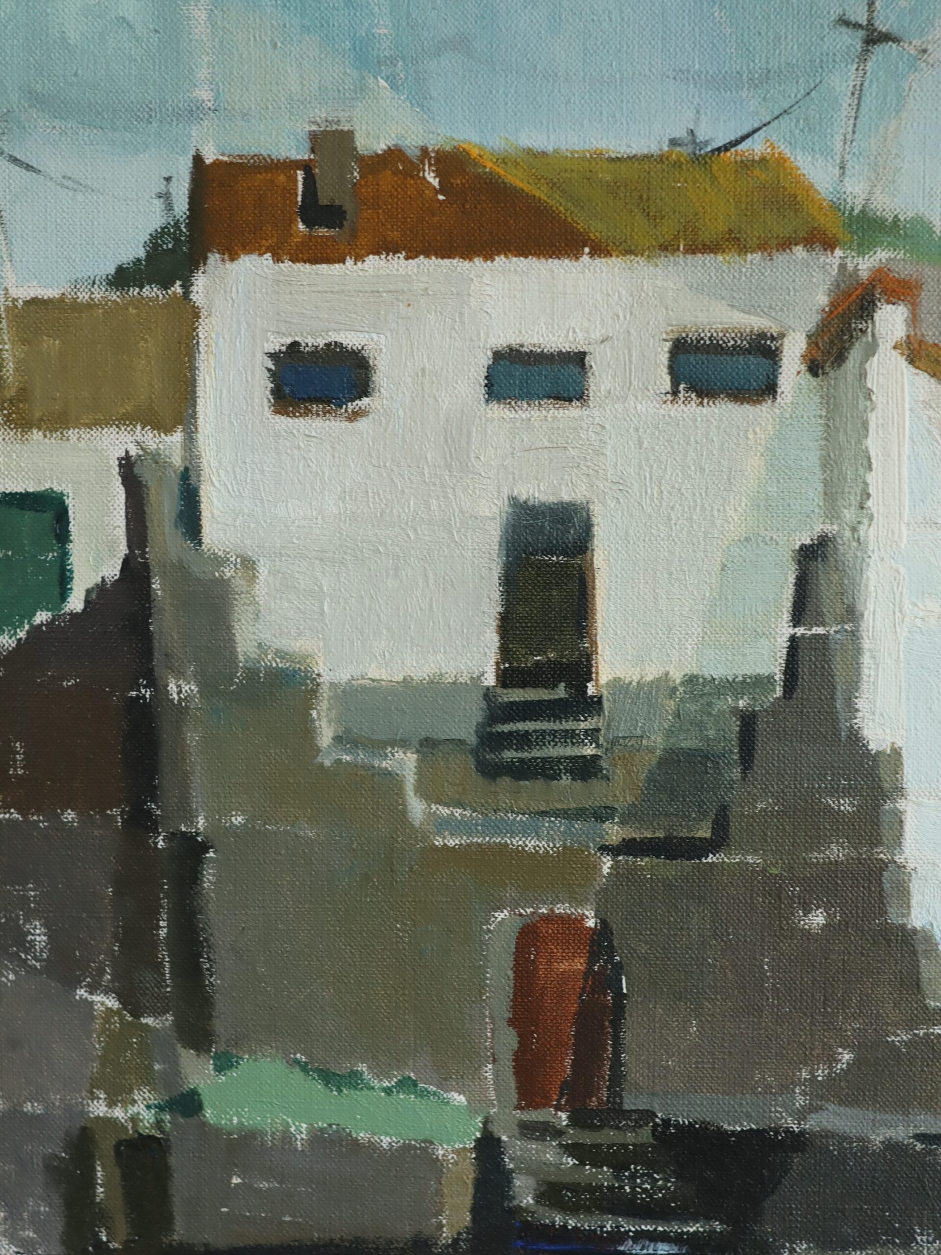 1958 Pittura ad olio di una scena stradale d'epoca del Mid Century Modern - Facciate illuminate dal sole in vendita 4