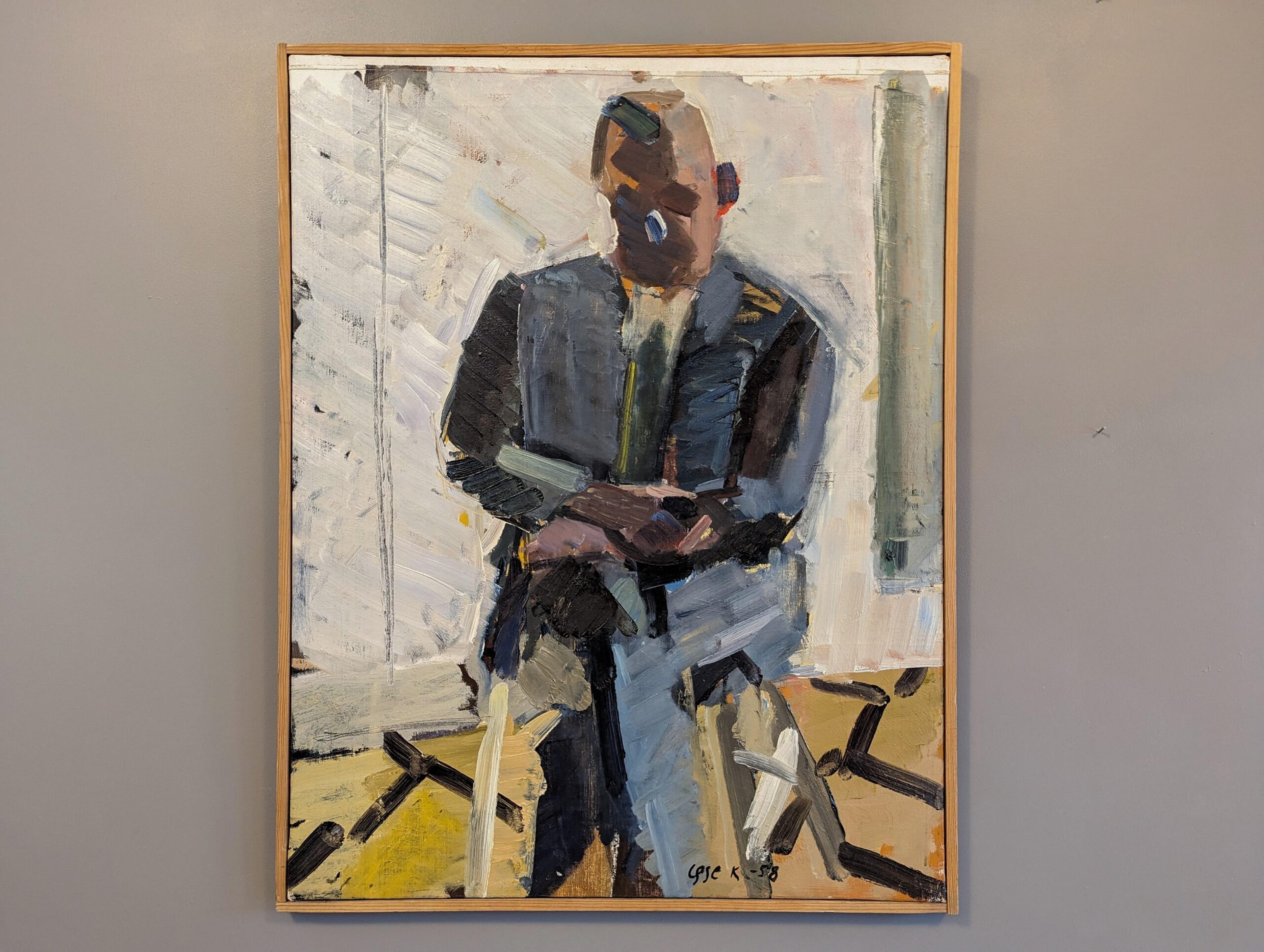 1958 Vintage Mid-Century Modern Ritratto figurativo dipinto ad olio - L'uomo vestito - Painting di Unknown
