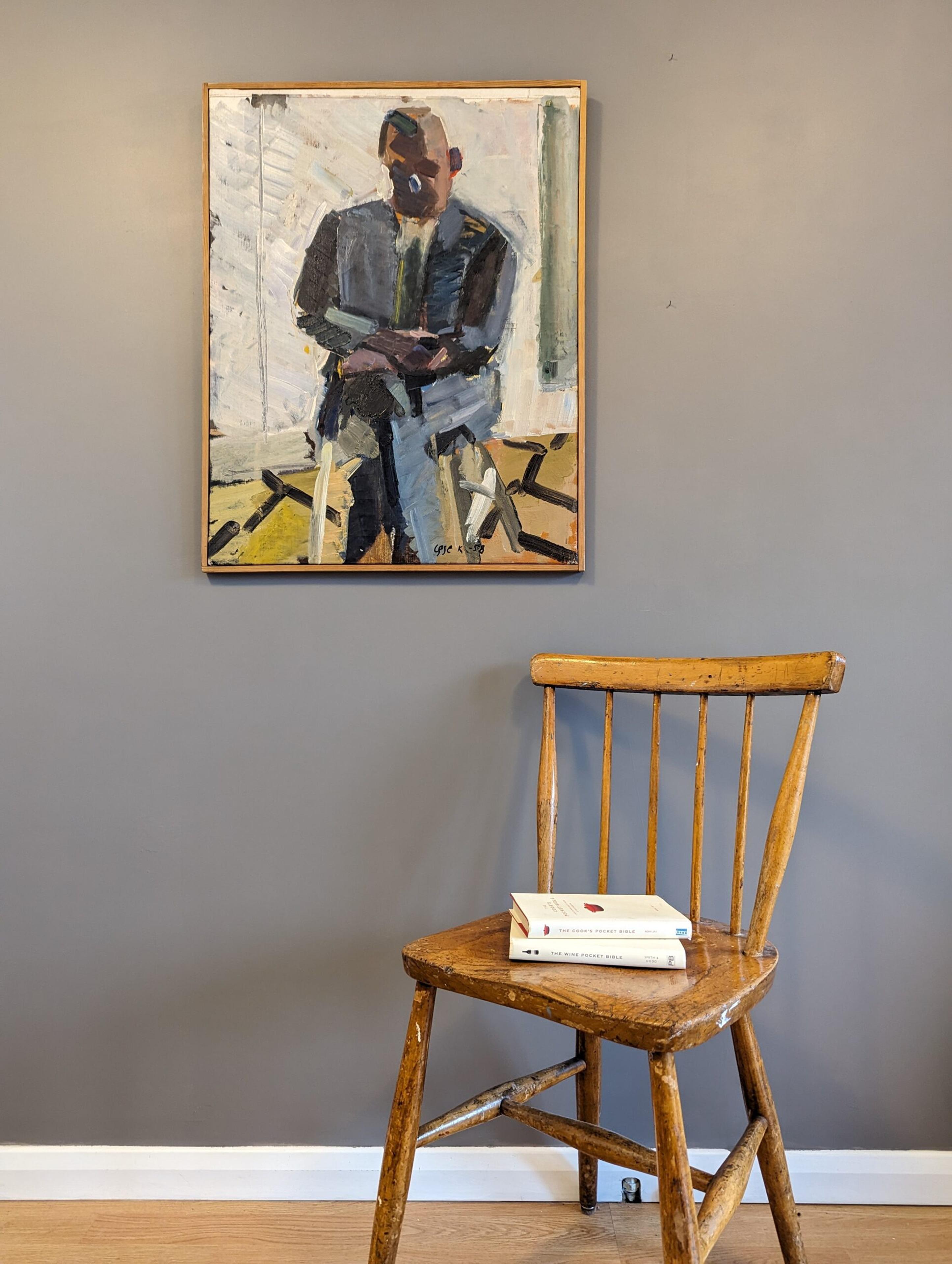 1958 Vintage Mid-Century Modern Ritratto figurativo dipinto ad olio - L'uomo vestito - Painting Moderno di Unknown