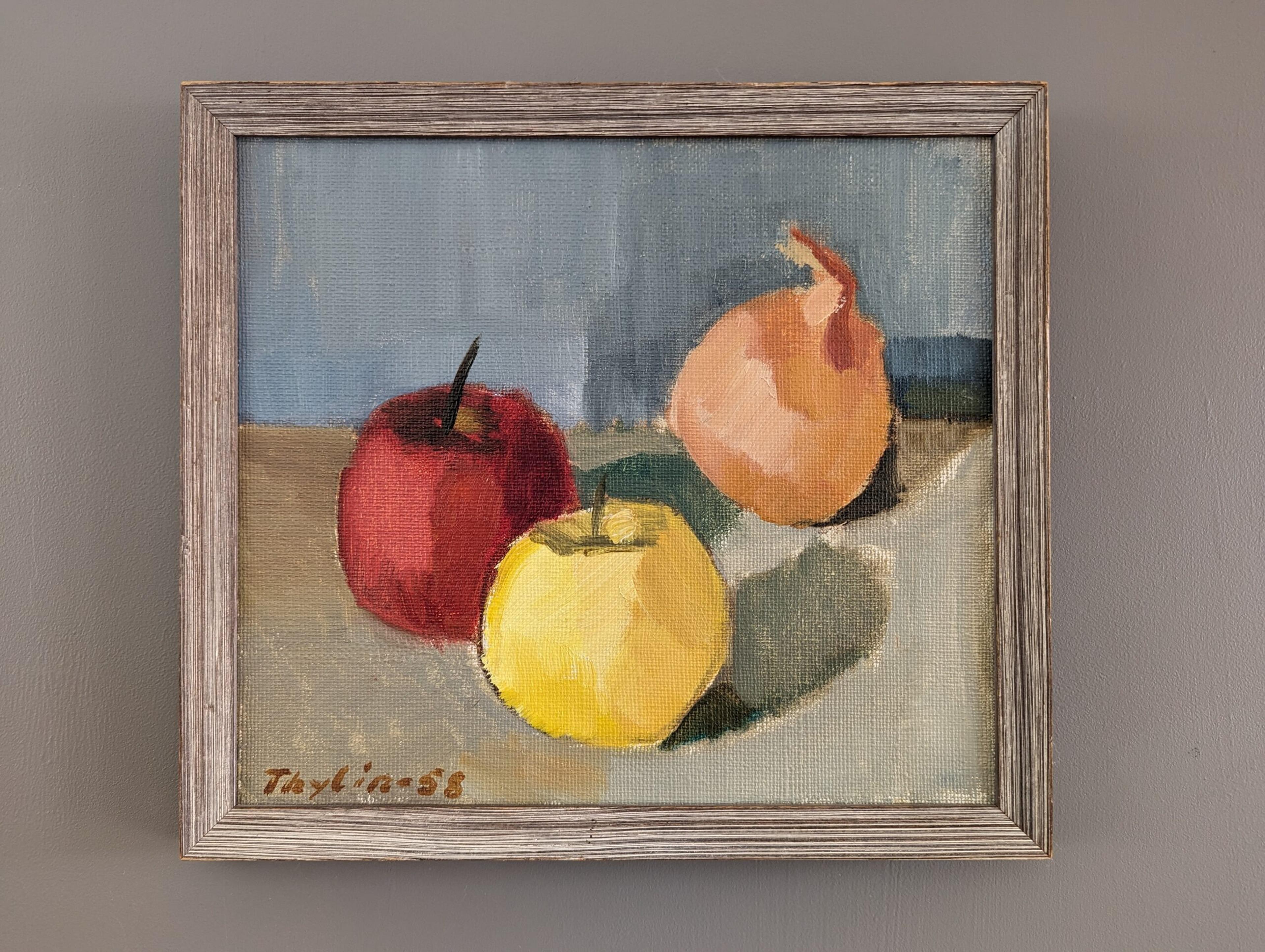 1958 Vintage Mid-Century Modern Modern Swedish Still Life Oil Painting - Three Fruit - Marron Still-Life Painting par Unknown