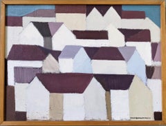 1958 Vintage Swedish Geometric Abstract Framed Oil Painting - Houses