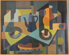 1959 Mid-Century Abstract 
Cubist Still Life Oil Painting - Tabletop Ensemble