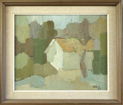 1959 Mid Century Modern Abstract Landscape Oil Painting -Cottage Among the Trees