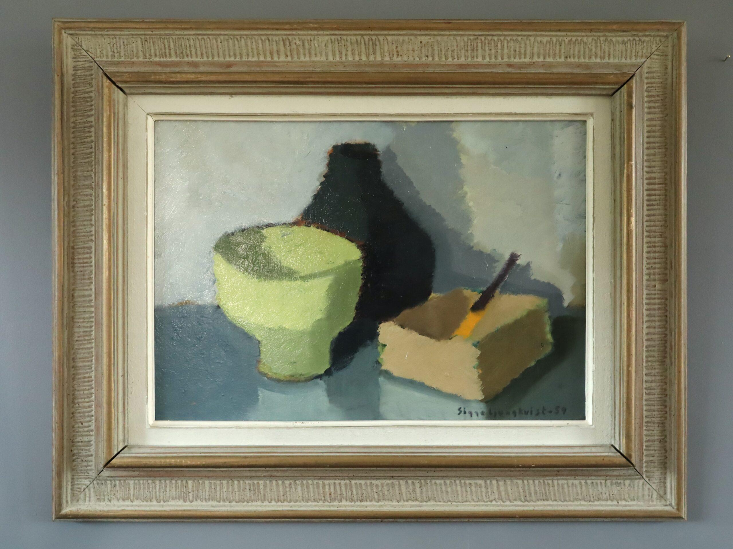 1959 Pittura ad olio su natura morta svedese di metà secolo moderno - And Objects in Conversation - Painting di Unknown