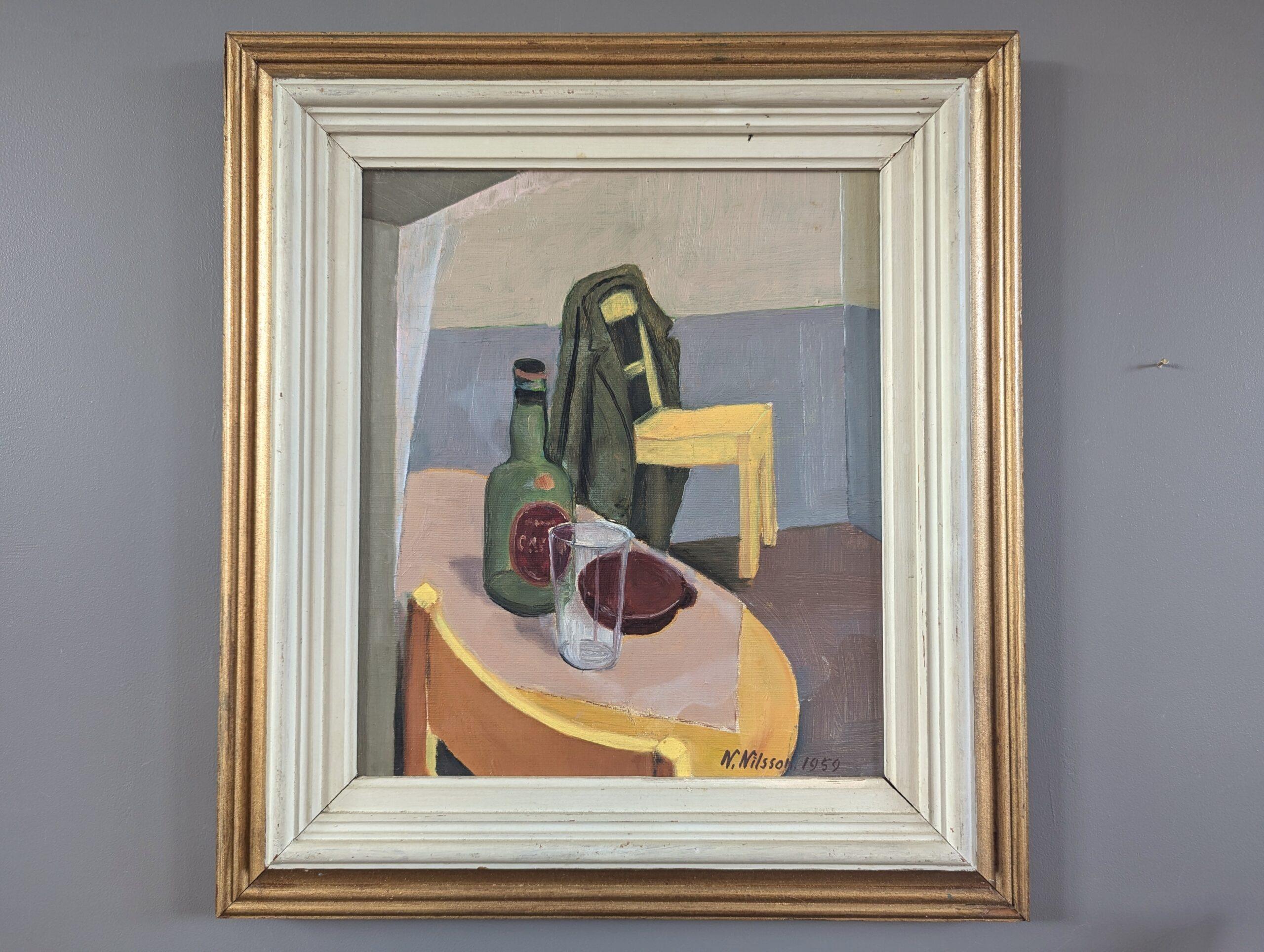 1959 Mid Century Modern Vintage Naturaleza Muerta Pintura al Óleo - A Moment Left Behind - Painting de Unknown