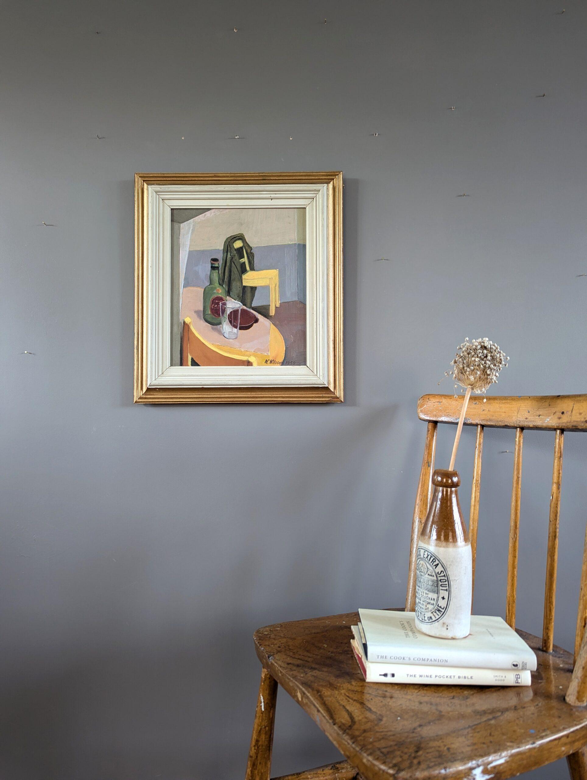 1959 Mid Century Modern Vintage Naturaleza Muerta Pintura al Óleo - A Moment Left Behind - Painting Moderno de Unknown