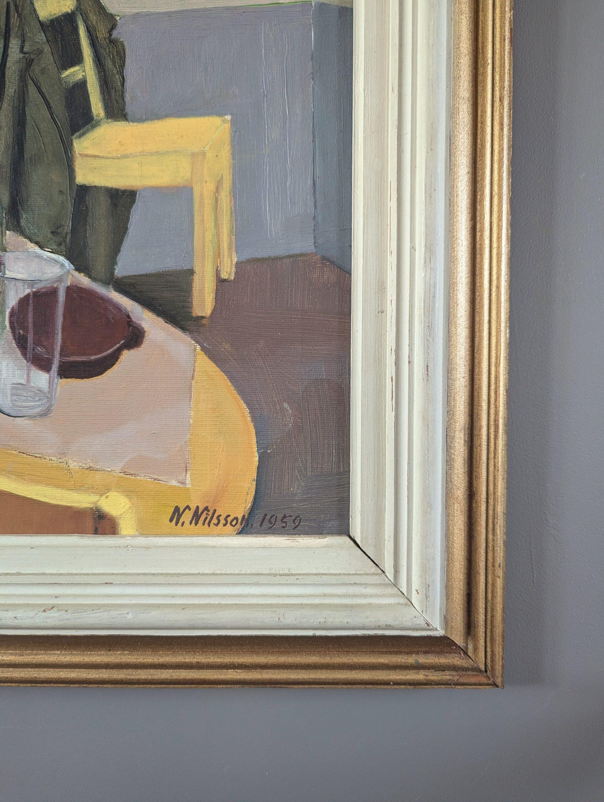 1959 Mid Century Modern Vintage Naturaleza Muerta Pintura al Óleo - A Moment Left Behind - Interior Painting Marrón de Unknown