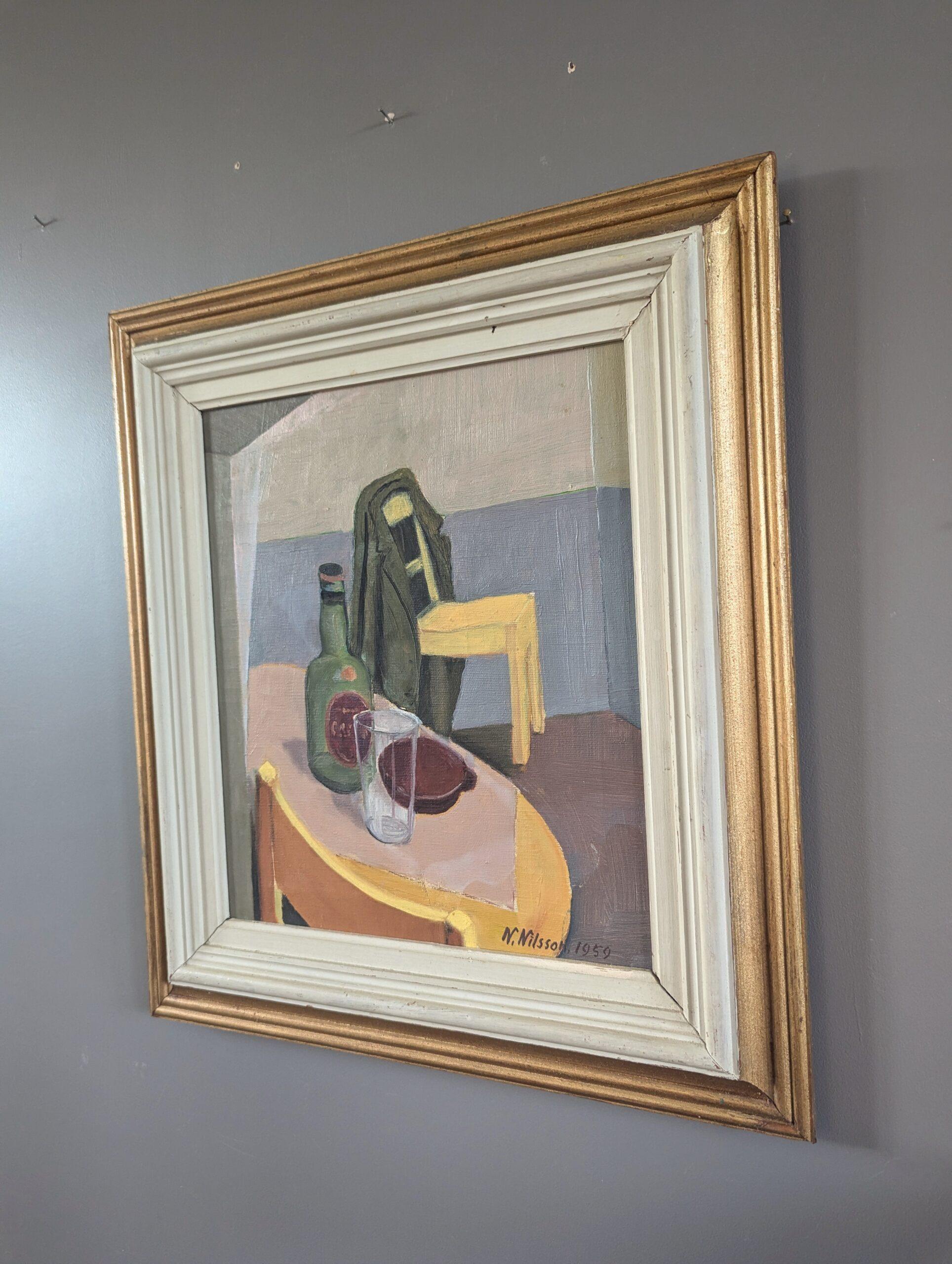 1959 Mid Century Modern Vintage Naturaleza Muerta Pintura al Óleo - A Moment Left Behind en venta 1