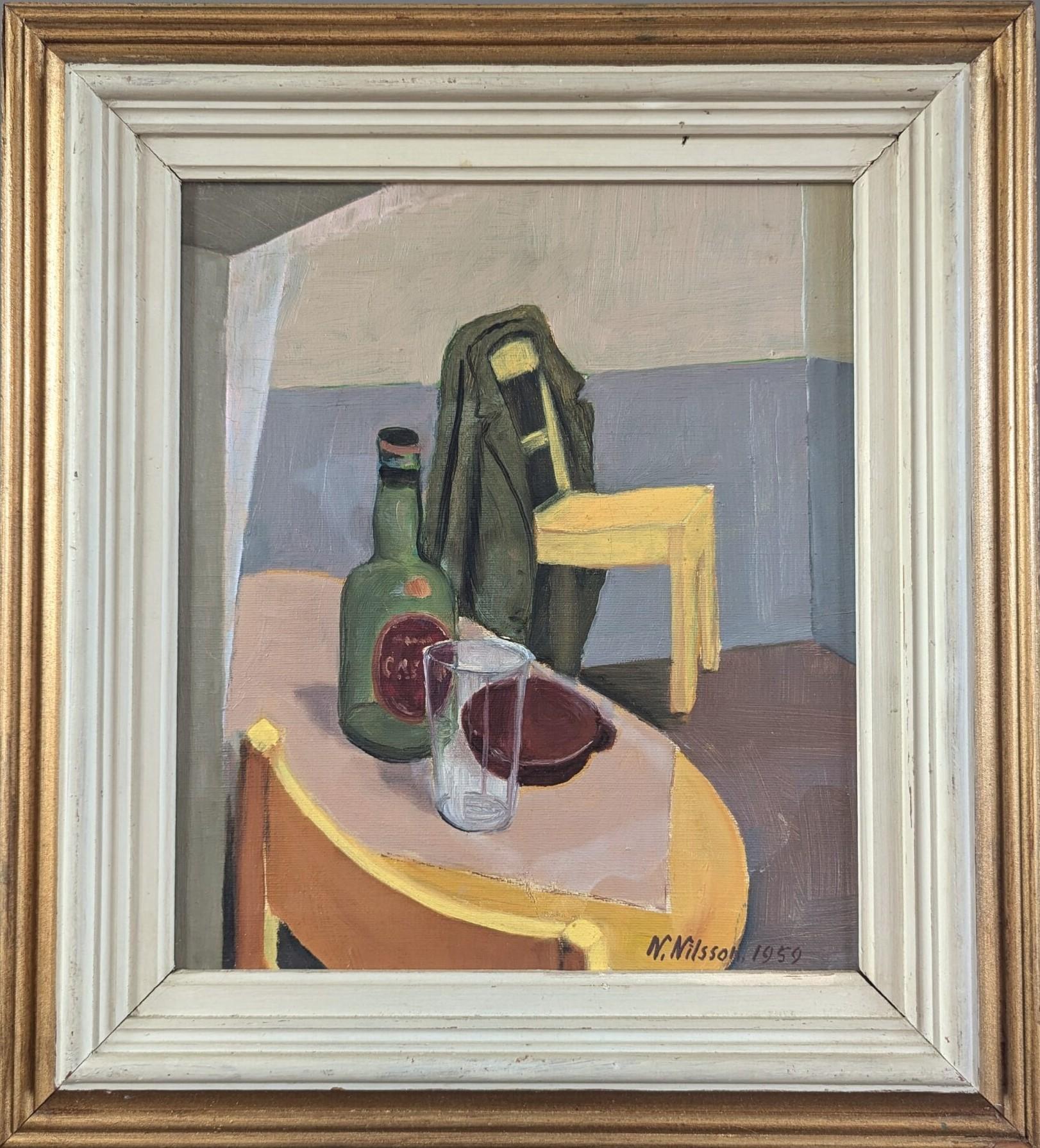 Interior Painting de Unknown - 1959 Mid Century Modern Vintage Naturaleza Muerta Pintura al Óleo - A Moment Left Behind