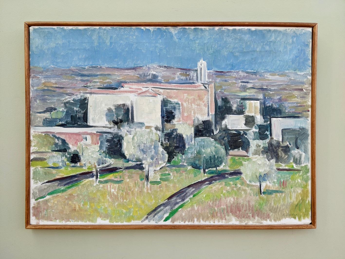 1959 Vintage Mid Century Framed Landscape Oil Painting - Pastel Village - Gray Landscape Painting by Unknown