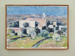 1959 Vintage Mid Century Framed Landscape Oil Painting - Pastel Village