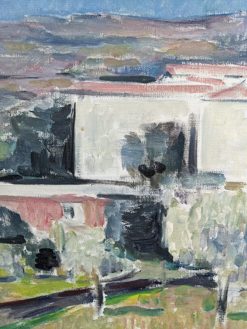 PASTEL VILLAGE
47 x 66.5 cm (including frame)
Oil on canvas

A delightful and highly scenic modernist style landscape composition, executed in oil in 1959.

A rich selection of pastel colours harmonise brilliantly to form this panoramic view of a