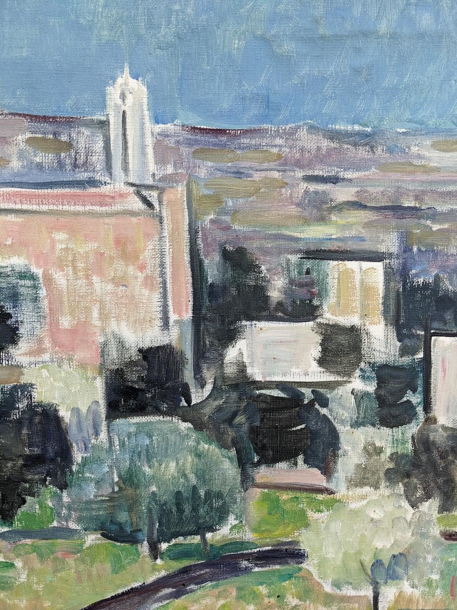 1959 Vintage Mid Century Framed Landscape Oil Painting - Pastel Village 1