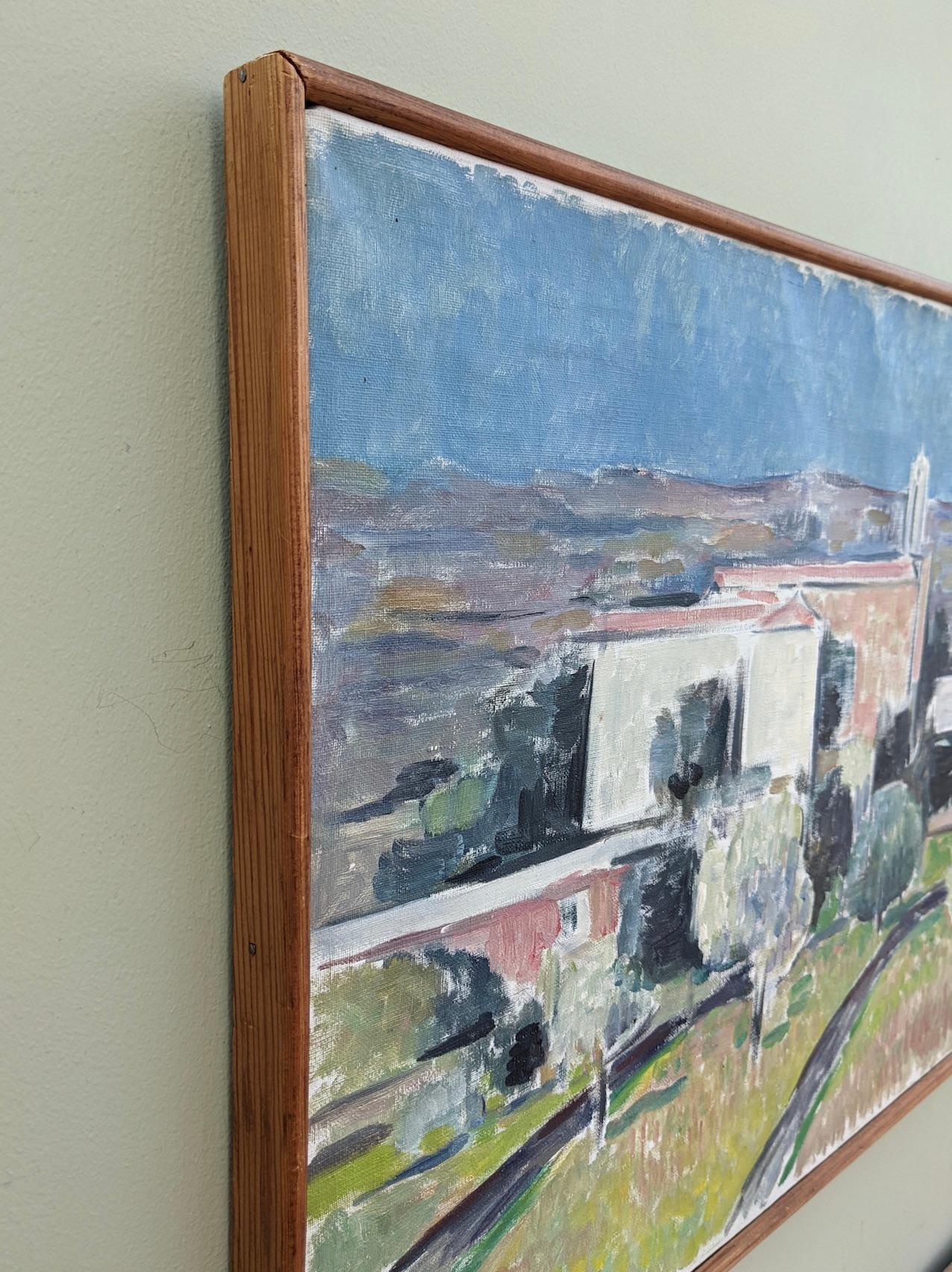 1959 Vintage Mid Century Framed Landscape Oil Painting - Pastel Village 3