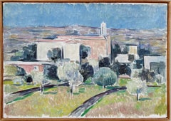 1959 Vintage Mid Century Framed Landscape Oil Painting - Pastel Village