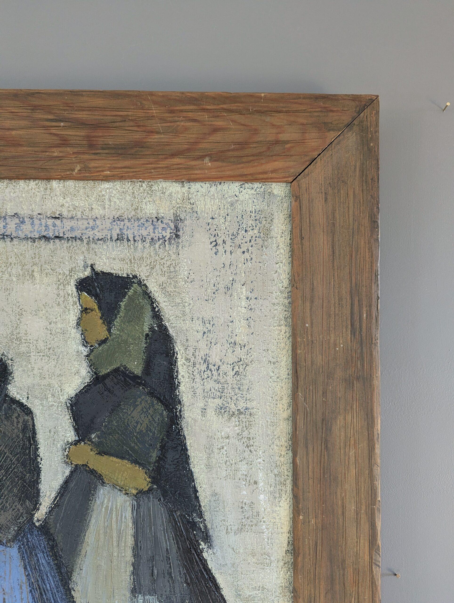 1959 Vintage Pintura al óleo figurativa moderna de mediados de siglo - Reunión en la acera 6