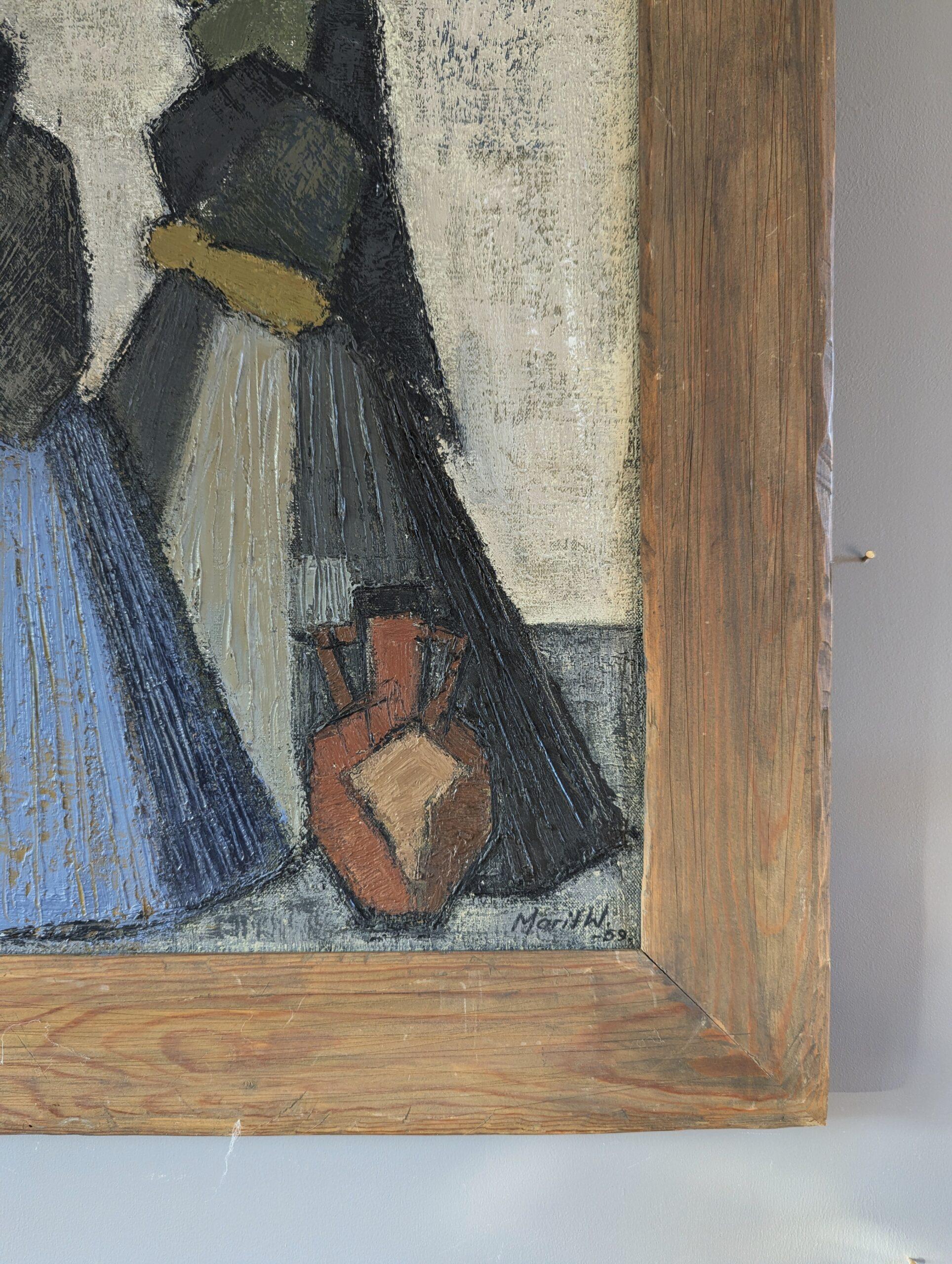 1959 Vintage Pintura al óleo figurativa moderna de mediados de siglo - Reunión en la acera 7