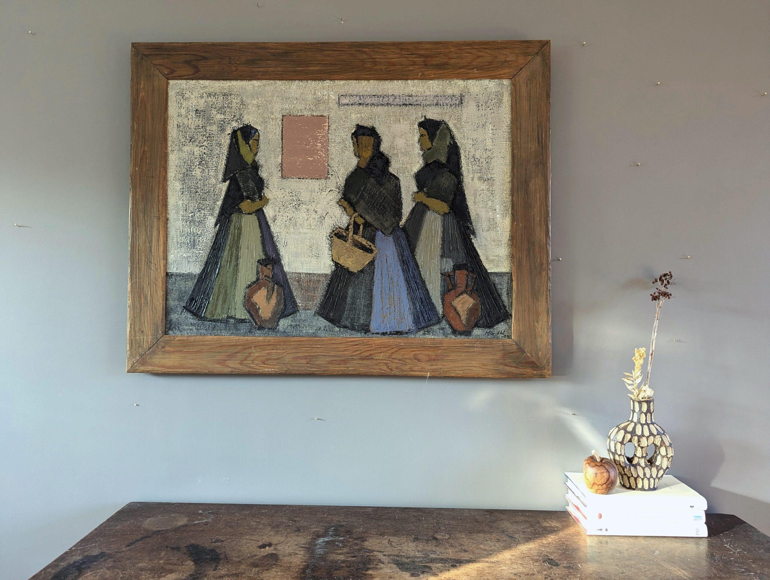 1959 Vintage Pintura al óleo figurativa moderna de mediados de siglo - Reunión en la acera - Painting Moderno de Unknown