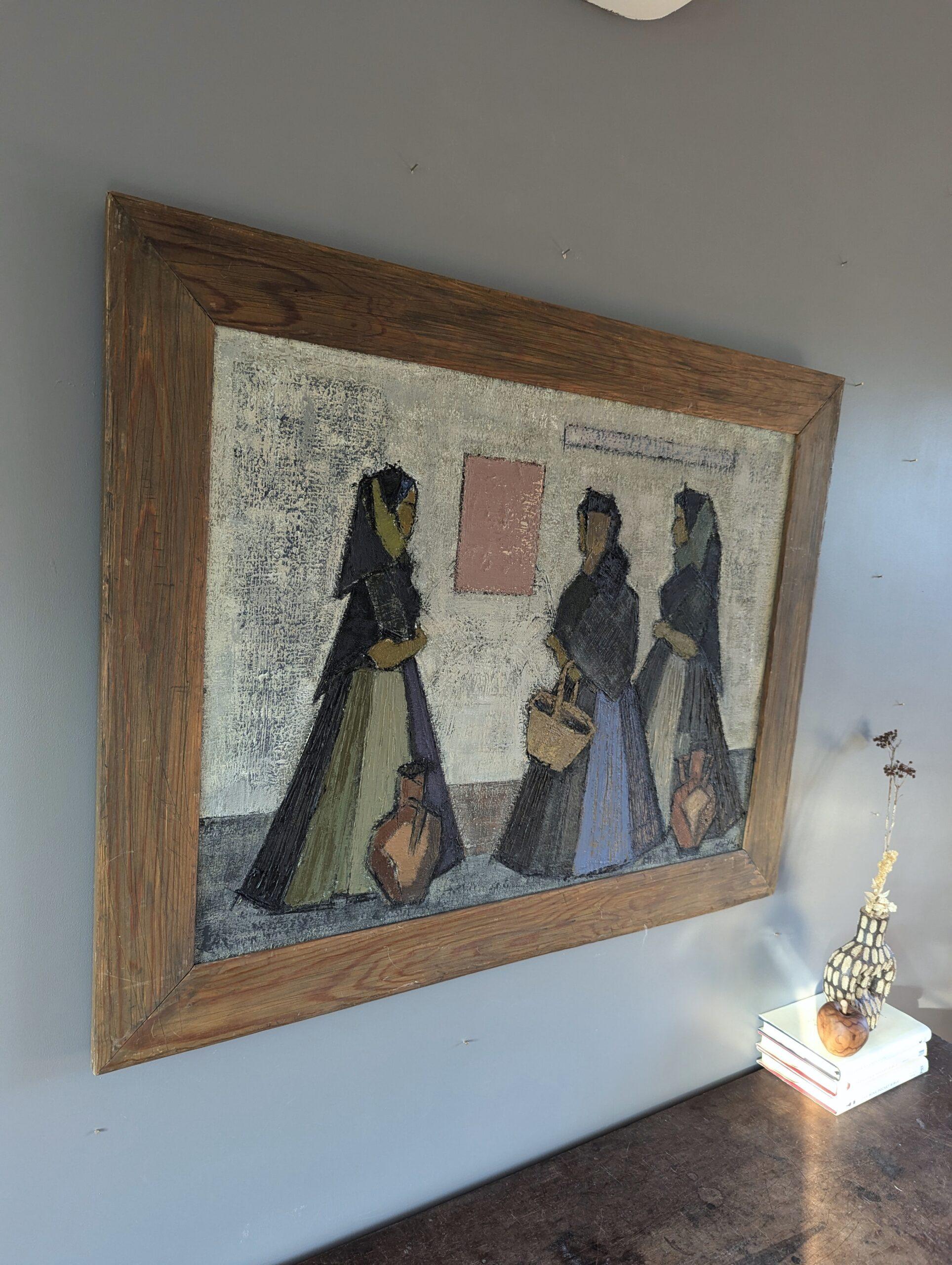 1959 Vintage Pintura al óleo figurativa moderna de mediados de siglo - Reunión en la acera - Figurative Painting Marrón de Unknown
