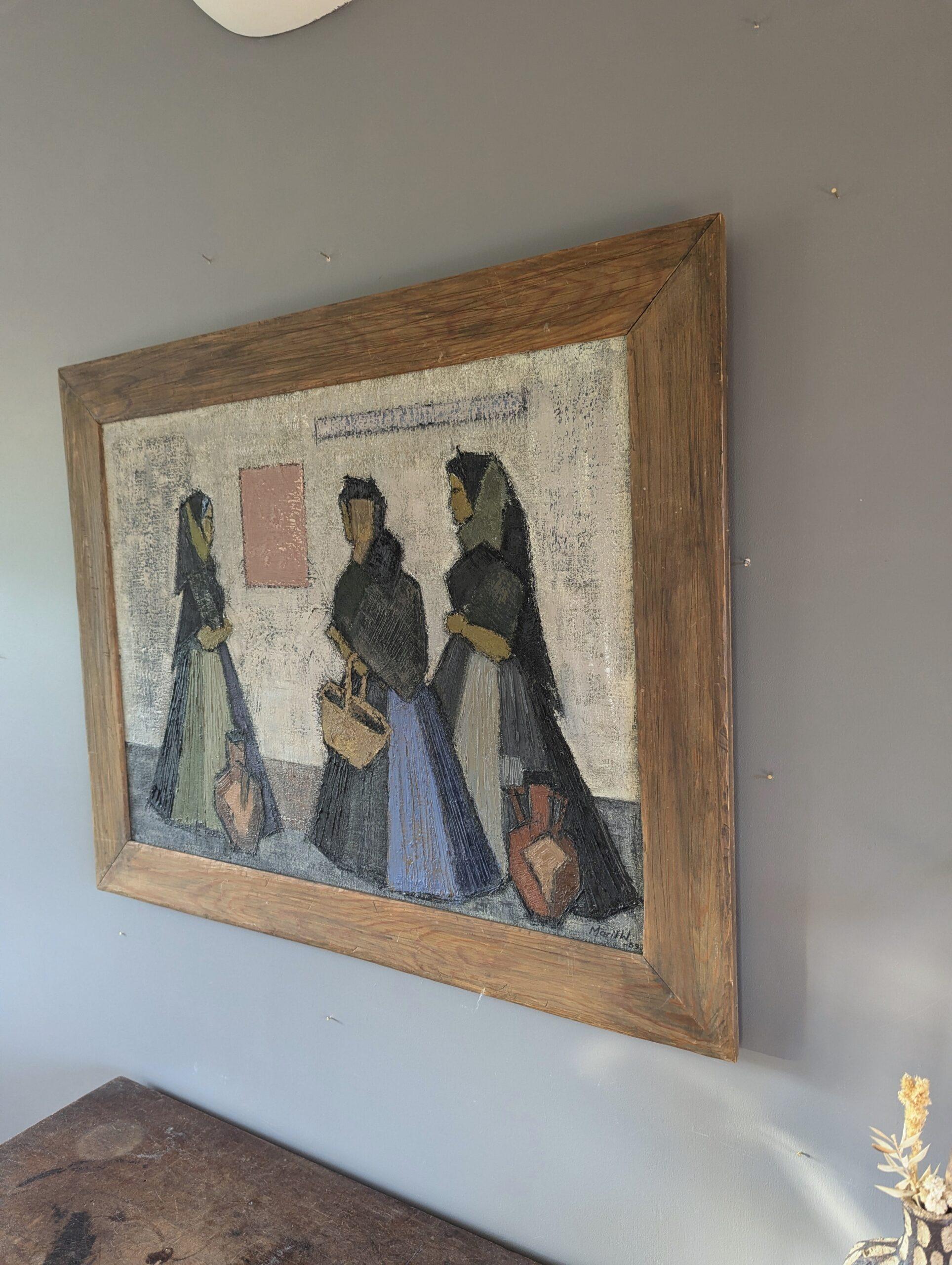 REUNIÓN EN LA ACERA
Tamaño: 64 x 80,5 cm (incluido el marco)
Óleo sobre lienzo

Maravillosa composición figurativa de estilo modernista de mediados de siglo, realizada en óleo sobre lienzo y fechada en 1959.

El cuadro representa a tres mujeres de