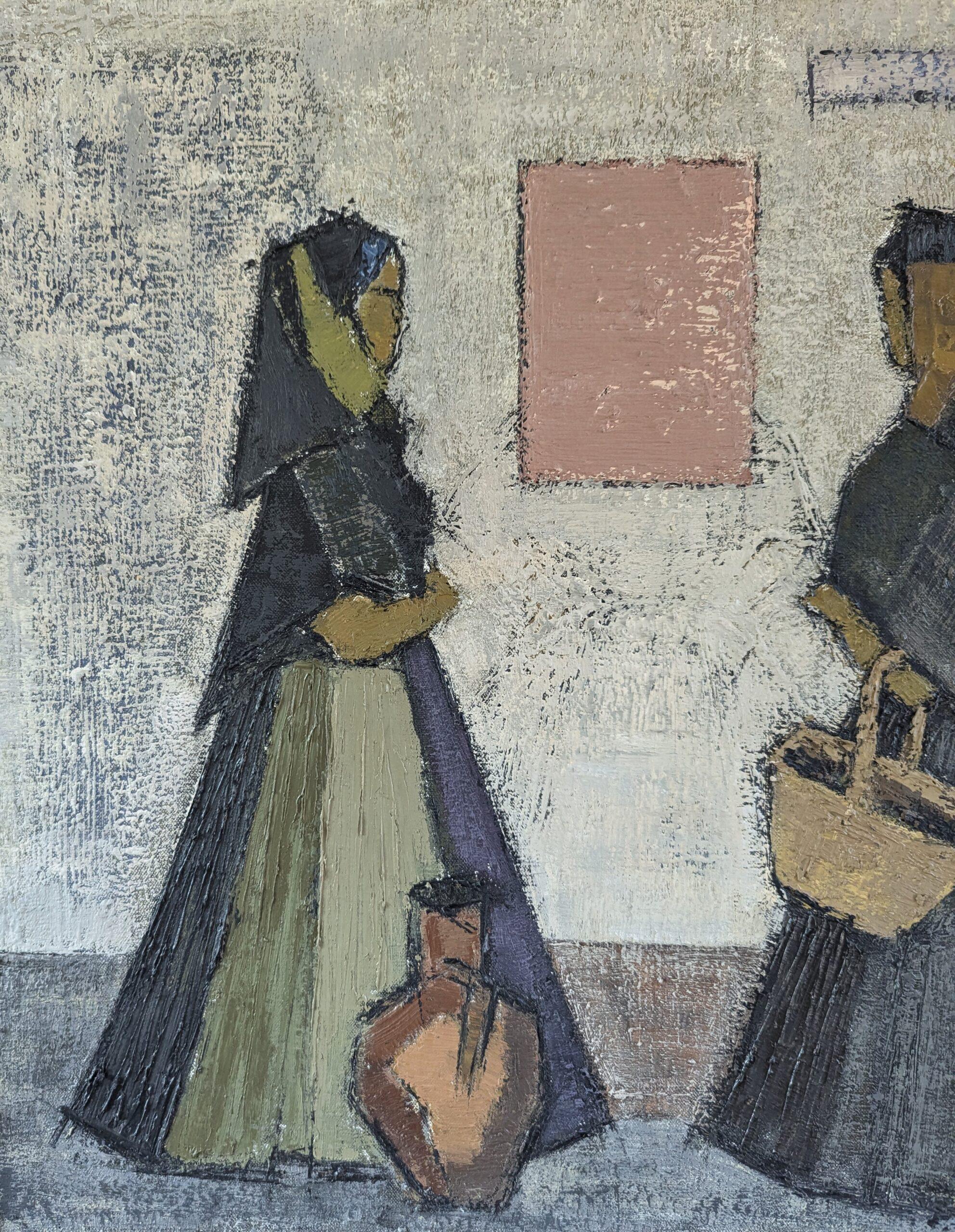 1959 Vintage Pintura al óleo figurativa moderna de mediados de siglo - Reunión en la acera 1