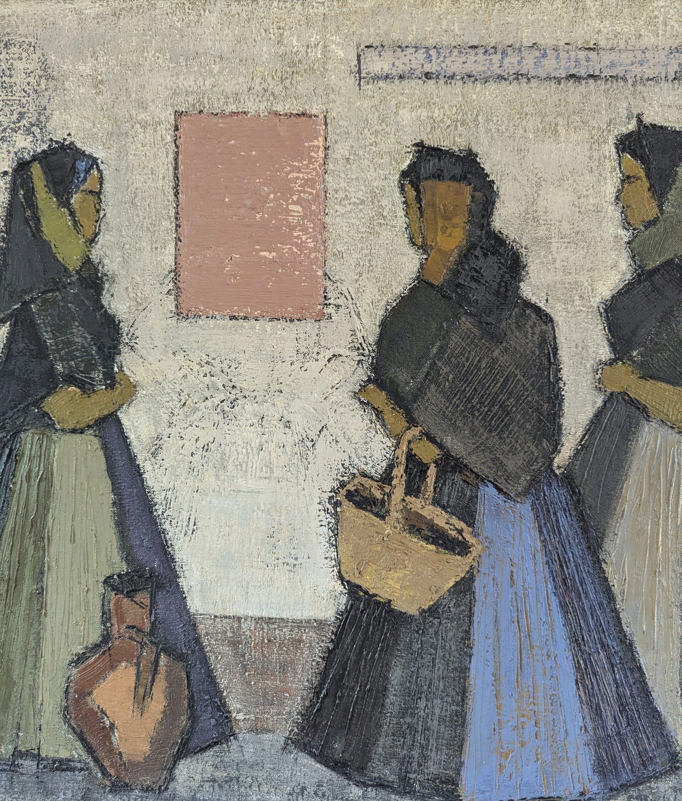 1959 Vintage Pintura al óleo figurativa moderna de mediados de siglo - Reunión en la acera 2