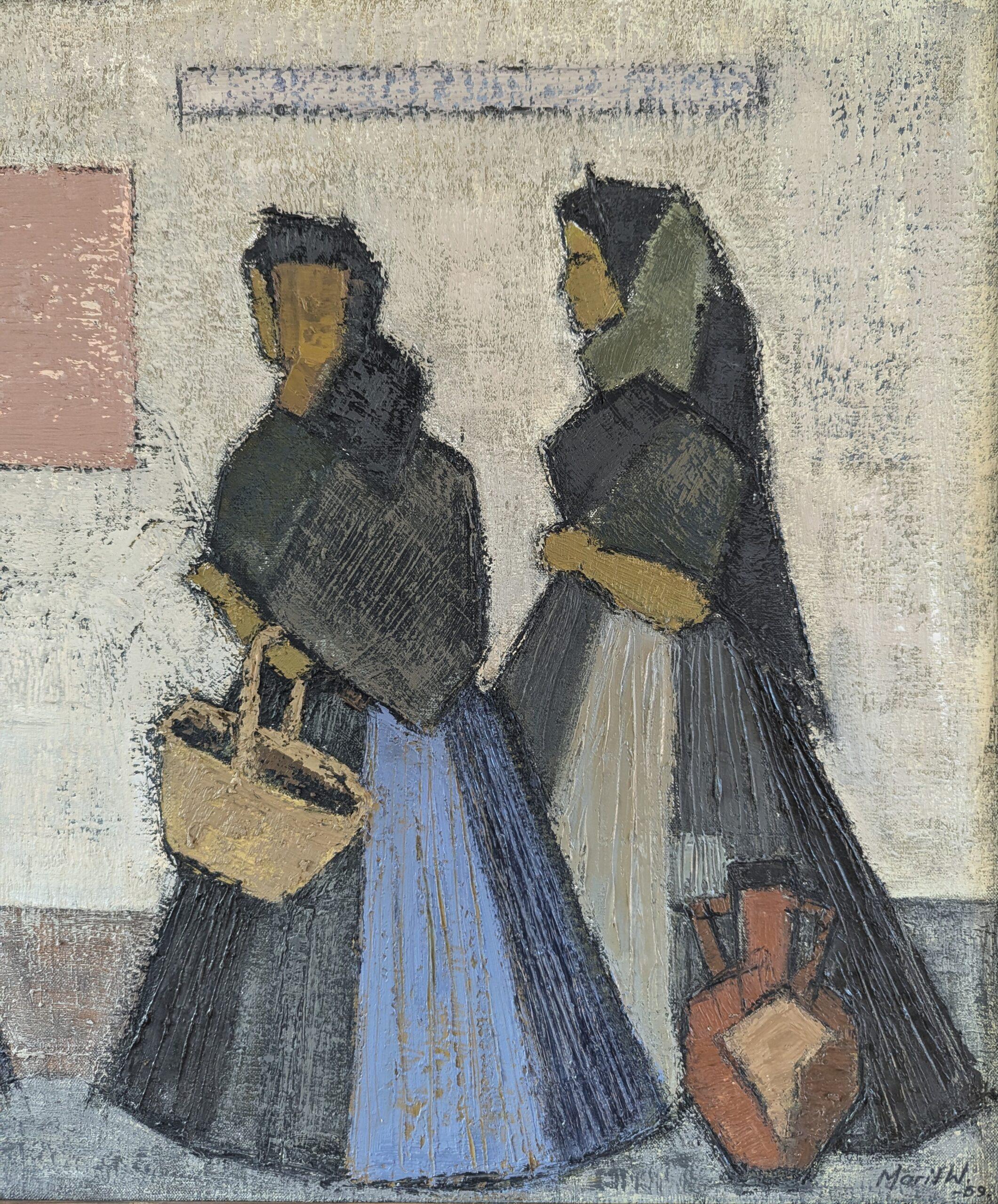 1959 Vintage Pintura al óleo figurativa moderna de mediados de siglo - Reunión en la acera 3