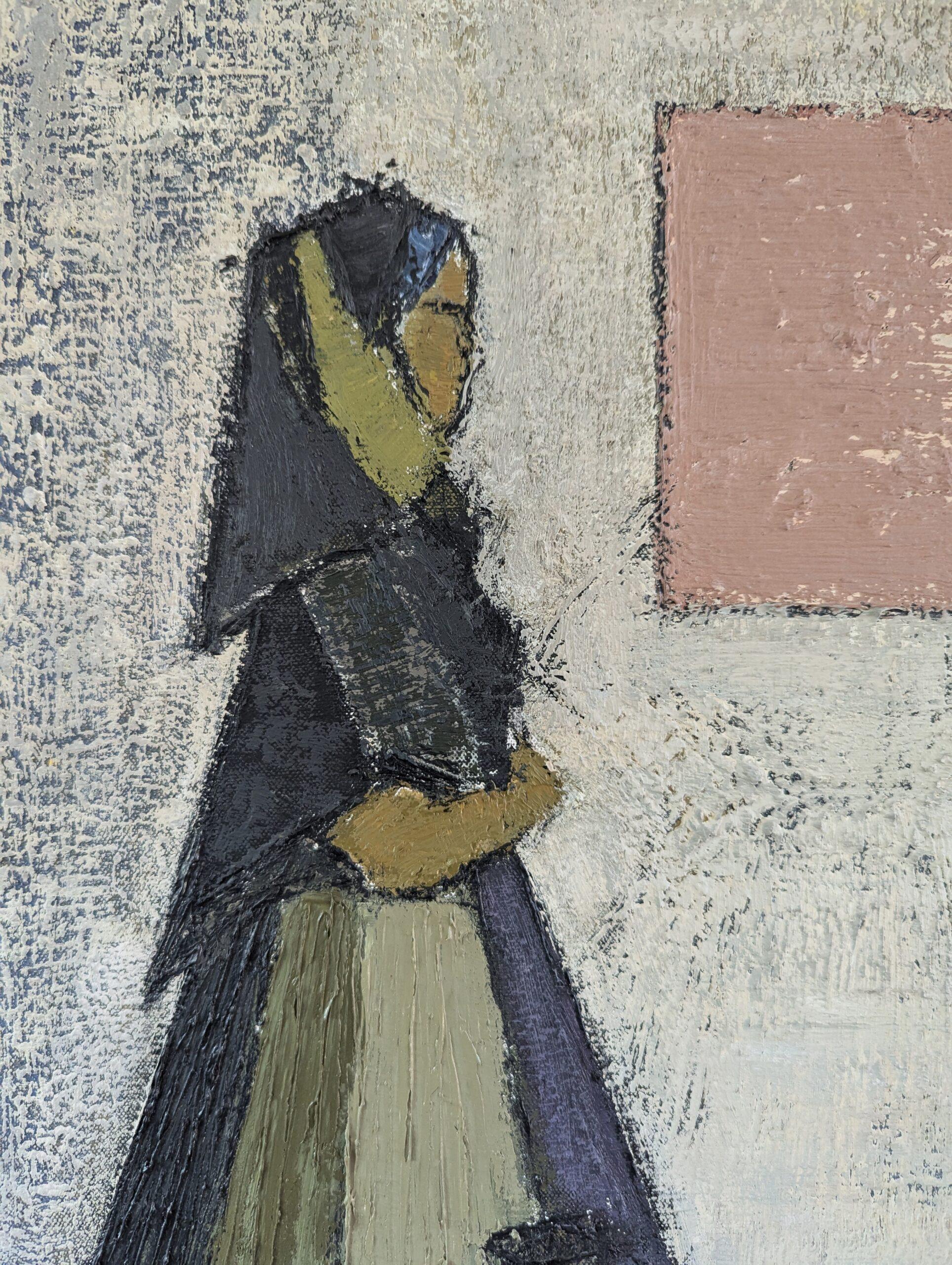 1959 Vintage Pintura al óleo figurativa moderna de mediados de siglo - Reunión en la acera 4
