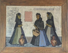 1959 Vintage Pintura al óleo figurativa moderna de mediados de siglo - Reunión en la acera