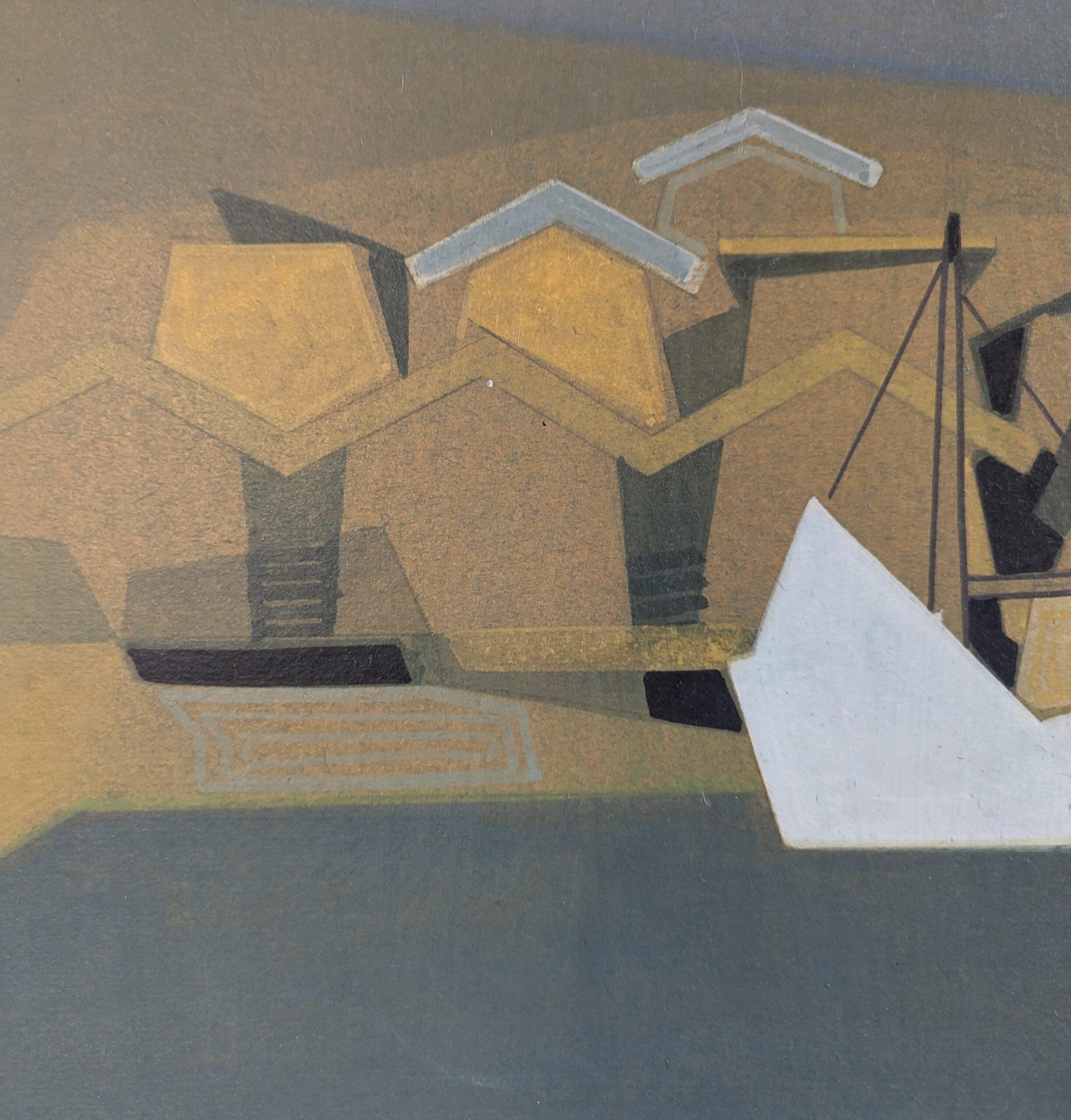 1960 Mid Century Modern Geometric Abstract Oil Painting - Puerto geométrico en venta 7
